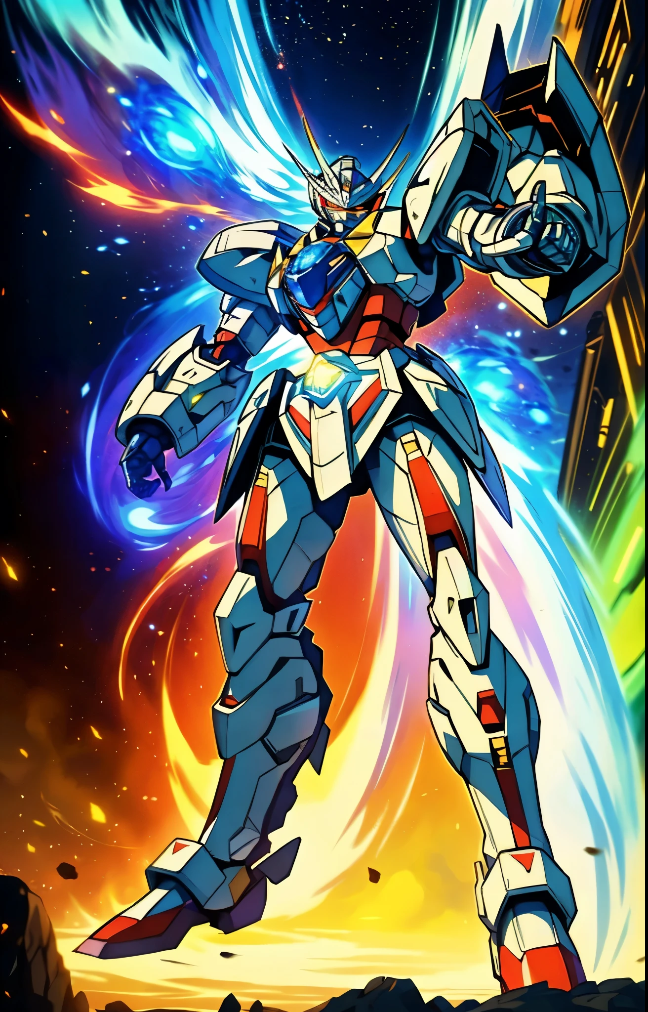 Humanoid Mecha, fully enclosed shoulder guards, matching arm and leg guards, full body, full armor, the design balances heavy with agility, (the color scheme is primarily white with red and blue accents, the concept Inspired by super robot, organic biotech armor, pose, standing, floating high above the futuristic sci-fi city), exquisite and mature art style, (aura effect, energy, glowing eyes, the armor glows), ((RRS)), metallic, dynamic angle, dynamic composition, dramatic, high definition, best quality, highres, ultra-detailed, ultra-fine painting, extremely delicate, professional, perfect body proportions, anatomically correct, symmetrical face, extremely detailed eyes and face, high quality eyes, creativity, RAW photo, UHD, 32k, Natural light, cinematic lighting, masterpiece-anatomy-perfect, masterpiece:1.5