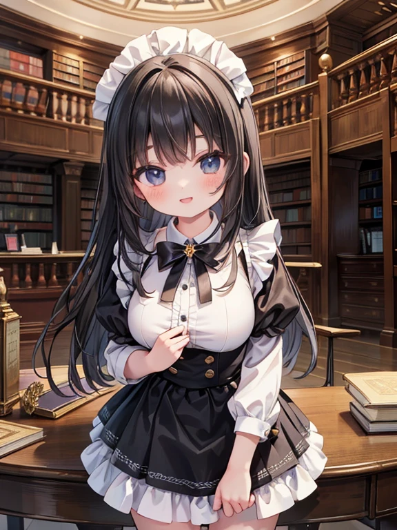 masterpiece, highest quality, Very detailed, 16k, Ultra-high resolution, Cowboy Shot, Detailed face, Perfect Fingers, 7-year-old girl, smile, Big Breasts, black eye, Black Hair, Long Hair, Black maid outfit, library, Lots of books around, Stand in the center