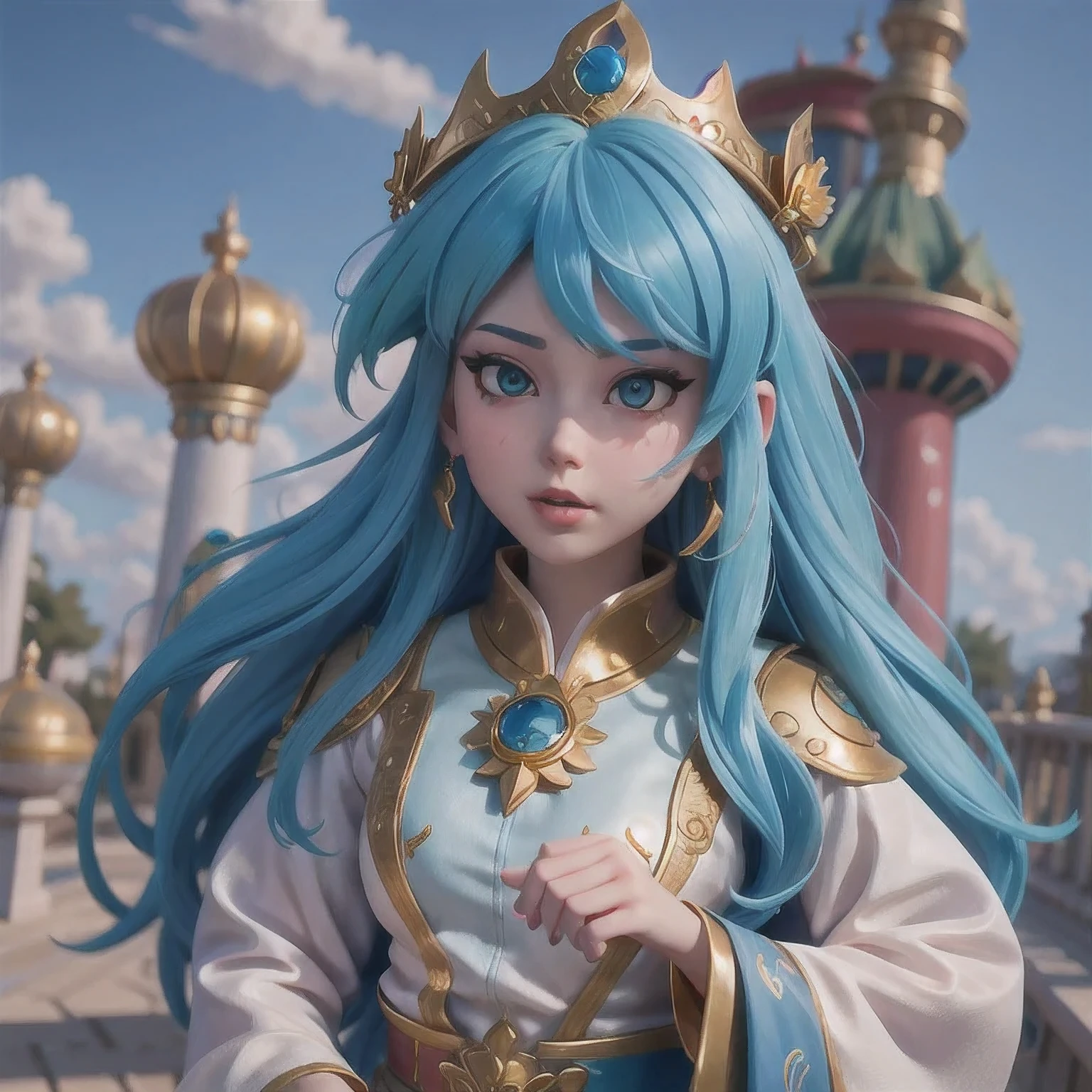 18 years old with blue hair wearing a gold crown and a blue wig, fantasy art style, ((a beautiful fantasy empress)), a beautiful fantasy empress, artwork in the style of Girl, azure. detailed hair, 18 years old, palace ， a girl in hanfu, beautiful celestial mage, anime girl with cosmic hair