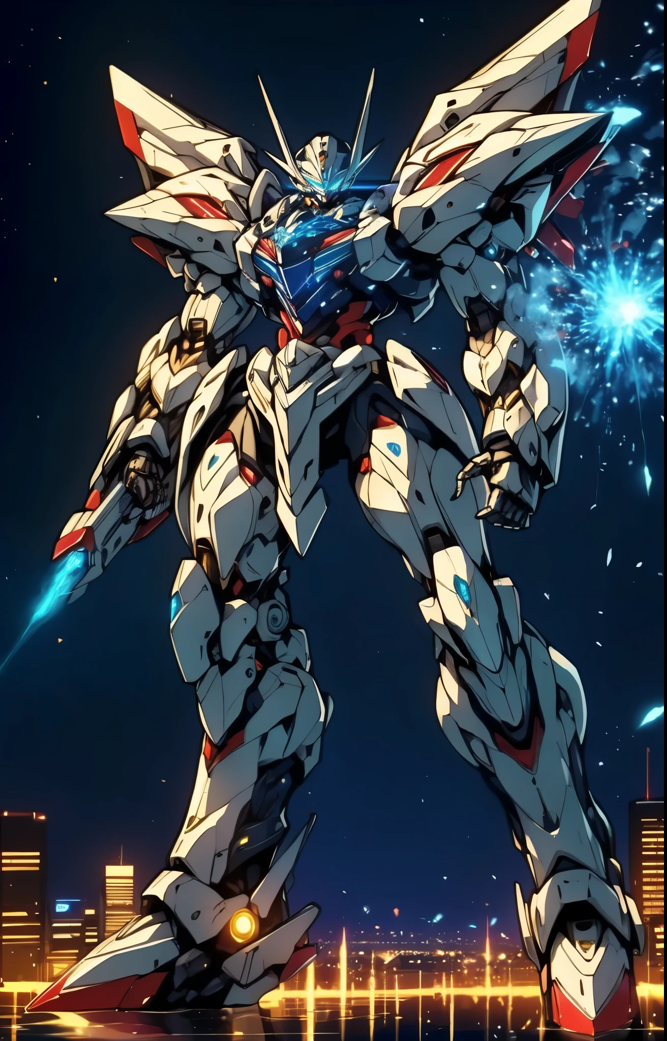 Humanoid Mecha, fully enclosed shoulder guards, matching arm and leg guards, full body, full armor, the design balances heavy with agility, (the color scheme is primarily white with red and blue accents, the concept Inspired by super robot, organic biotech armor, pose, standing, floating high above the futuristic sci-fi city), exquisite and mature art style, (aura effect, energy, glowing eyes, the armor glows), ((RRS)), metallic, dynamic, dramatic, high definition, best quality, highres, ultra-detailed, ultra-fine painting, extremely delicate, professional, perfect body proportions, anatomically correct, symmetrical face, extremely detailed eyes and face, high quality eyes, creativity, RAW photo, UHD, 32k, Natural light, cinematic lighting, masterpiece-anatomy-perfect, masterpiece:1.5