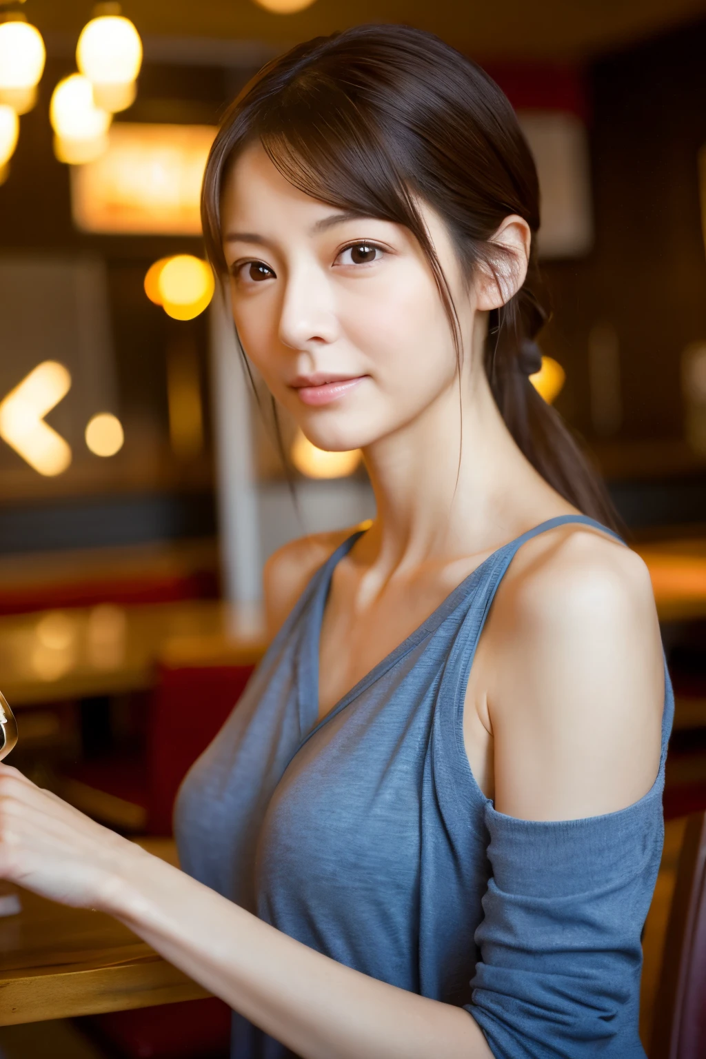 (Highly realistic photos, High resolution, Detailed face, delicate eyes) skinny japanese lady, 40 years old, cute face, Various expressions, Various hairstyles, thin figure, small breasts, Waist is very thin, in a restaurant, Wear casual clothes