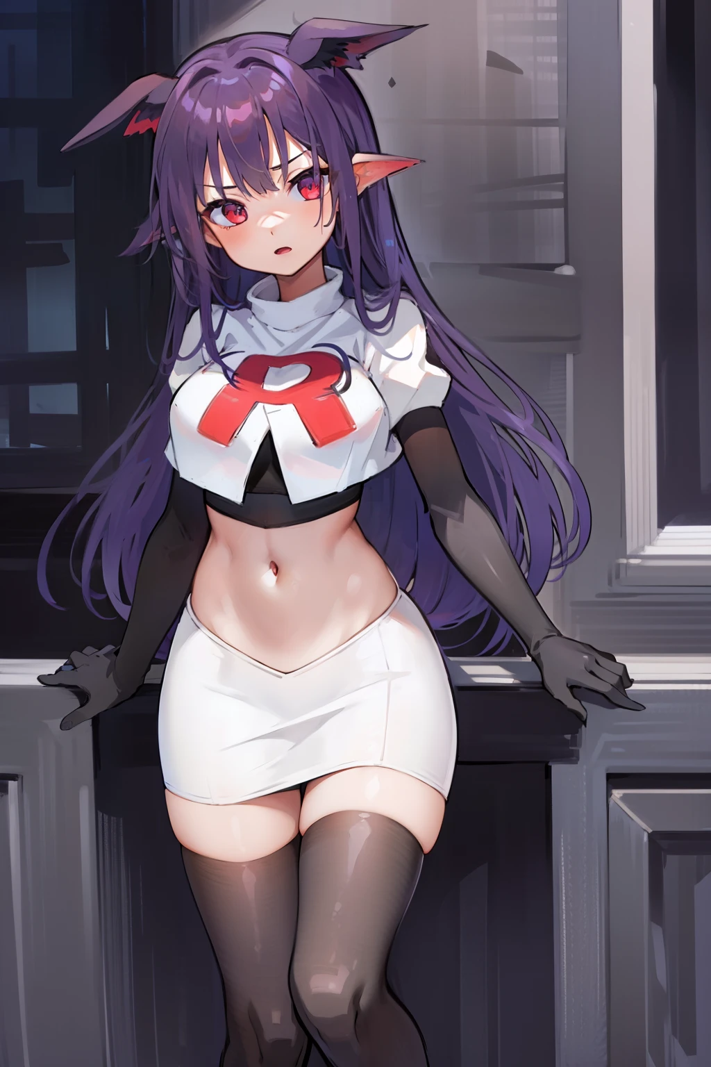 masterpiece, hd, 1girl, mythia, purple long hair, bat ears, red eye, team rocket,team rocket uniform,white skirt,red letter R,crop top,black thigh-highs,black elbow gloves