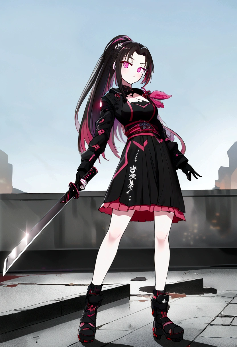 (Super meticulous),(full bodyesbian:1.2), 1girl, arafed woman in a black and pink dress holding a sword, anime girl cosplay, anime cosplay, very beautiful cyberpunk samurai, wearing japanese techwear, gothic maiden anime girl, with large sword, girls frontline style, female cyberpunk anime girl, cyberpunk anime girl, cyberpunk dress, female action anime girl, she is holding a katana sword, holding a sword on her shoulder, (Beautiful and delicate eyes),