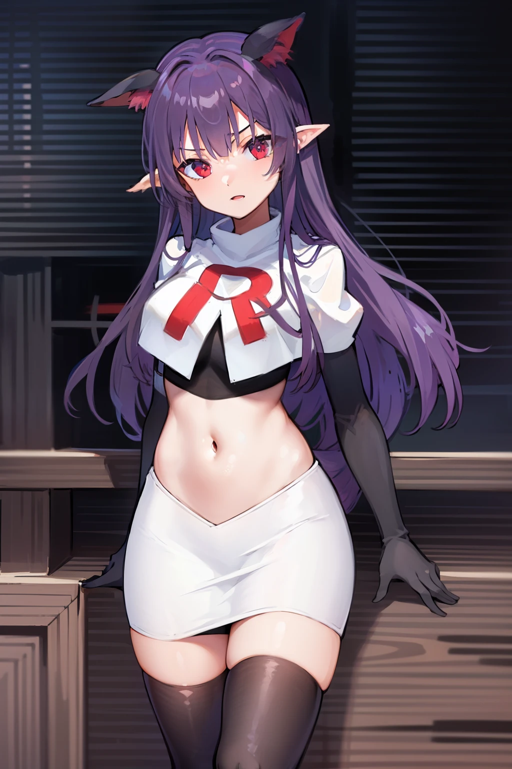 masterpiece, hd, 1girl, mythia, purple long hair, bat ears, red eye, team rocket,team rocket uniform,white skirt,red letter R,crop top,black thigh-highs,black elbow gloves