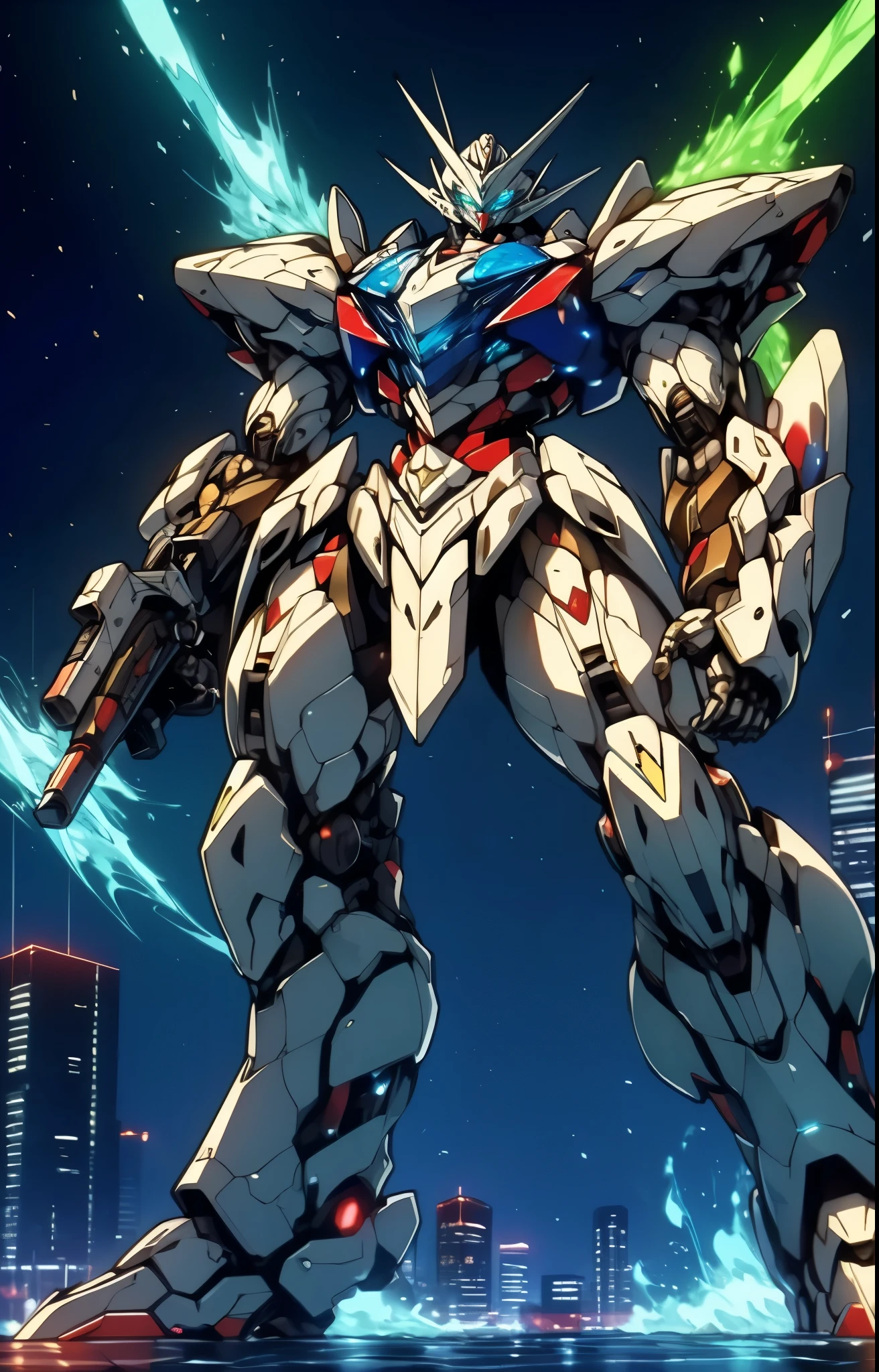 Humanoid Mecha, fully enclosed shoulder guards, matching arm and leg guards, full body, full armor, the design balances heavy with agility, (the color scheme is primarily white with red and blue accents, the concept Inspired by super robot, organic biotech armor, pose, standing, floating high above the futuristic sci-fi city), exquisite and mature art style, (aura effect, energy, glowing eyes, the armor glows), ((RRS)), metallic, dynamic, dramatic, high definition, best quality, highres, ultra-detailed, ultra-fine painting, extremely delicate, professional, perfect body proportions, anatomically correct, symmetrical face, extremely detailed eyes and face, high quality eyes, creativity, RAW photo, UHD, 32k, Natural light, cinematic lighting, masterpiece-anatomy-perfect, masterpiece:1.5