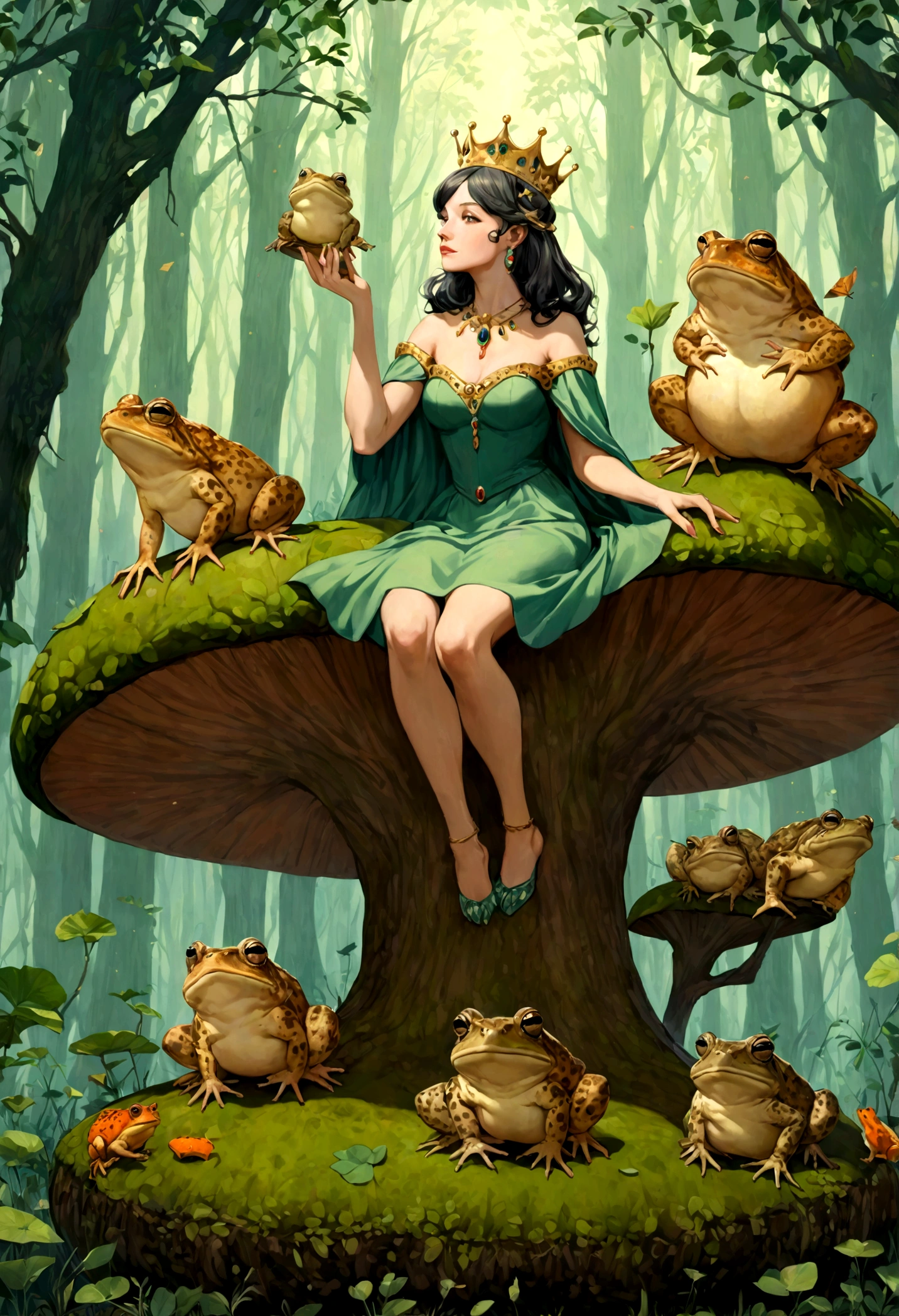 A lovely woman is the toad queen, she is holding court atop a large bright toad stool, below her the forest animals seek her wisdom