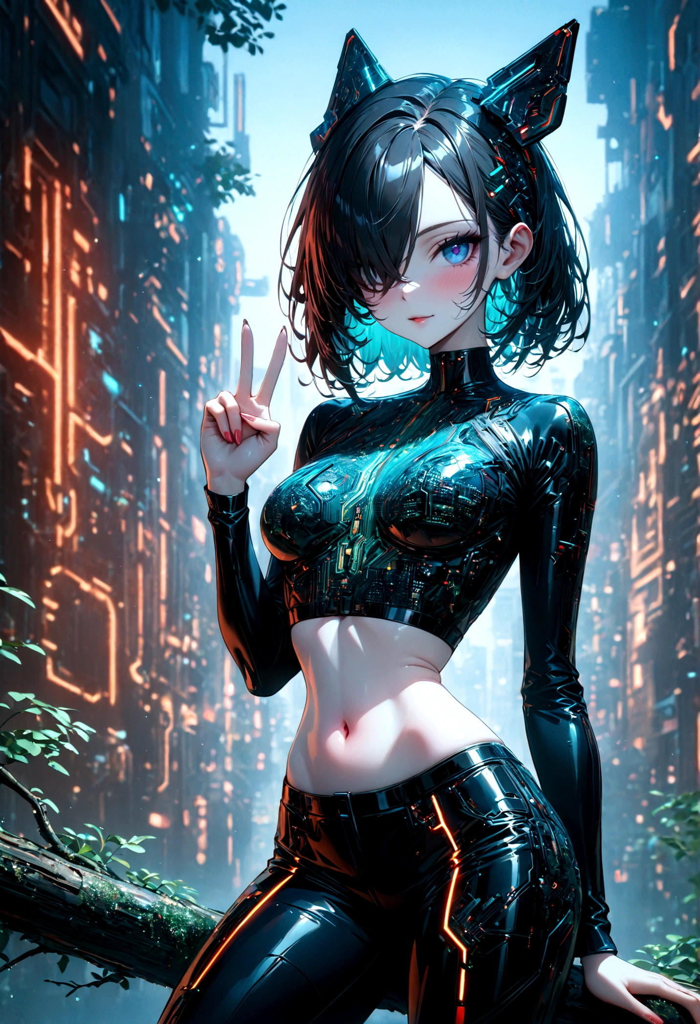 beautiful Cybernetics girl, hair over one eye, Hair accessories, (Delicate skin), Pale skin, black crop top made of circuit boards, Futuristic pants, on branch, v, Japanese words with glitter effect, cyberpunk background,Sensual, is attractive, (masterpiece:1.3), (best quality:1.3), (ultra detailed:1.3), 8k, extremely clear