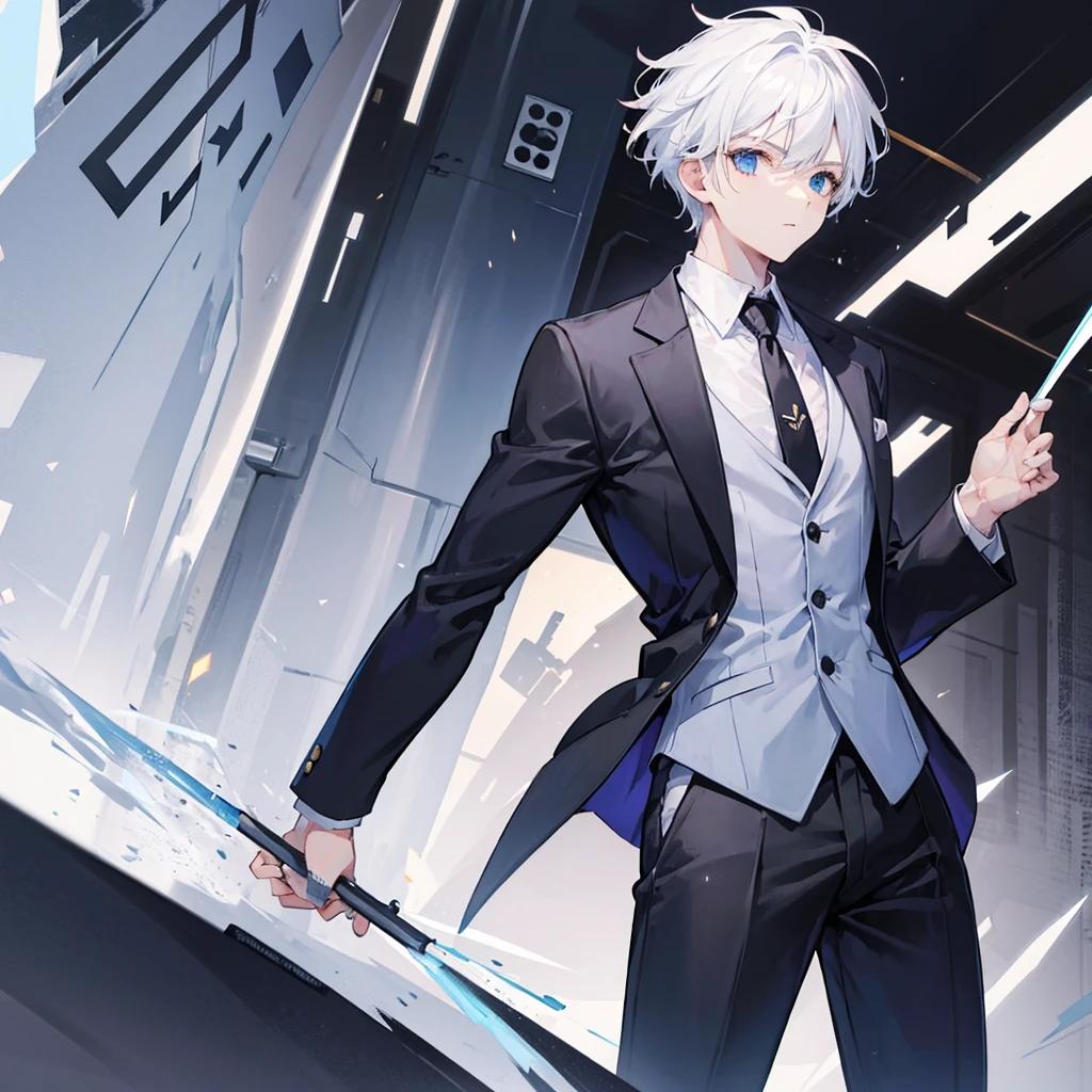 Boy, using suit, white hair, taller, strong.