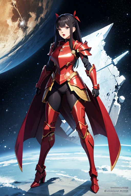 Anime drawings、Full body portrait、Space SF Armored Warrior、A female warrior wearing red armor, standing upright and scolding, about 165cm tall and about 29 years old、Bullish expression、Open mouth and screaming、Semi-long straight hairstyle、Black Hair、Shoulder Armor、Arm guard、Leggers、Big red ribbon on head