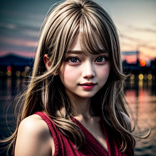 (((NOGIZAKA))) girl in RED Tube-Top dress Stroll along evening Harbor, (Acutance:0.85), ZoomLayer, Masterpiece of 8K Ultra-detailed, (VolumetricLighting), (RAW Photo-realistic:1.37), (Close-up:1.38), (Sunseting colorful sky), (Dazzling bokeh:1.32), { (Golden ray illuminating face) | (Photon Particles:0.95) | (Fluttering Hair in wind:1.4) } . BREAK (((Extremely detailed KAWAII face))), perfect anatomy, Childish, CaptivatingGaze, Elaborate detailed Eyes with (Sparkling Highlights:1.28), (Voluminous Long Eyelashes:0.88)、Glossy RED Lips with beautiful details, Coquettish Tongue, Rosy Cheeks, (Detailed Flawless Skin with glowing DowneyHair, Radiant PearlSkin with Transparency) , Shiny SilkyHair, Random Solid HairColor. { (joyful expressions) | (:d) }, (Large eyes:-1, Tree:-1).