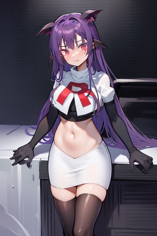 masterpiece, hd, 1girl, mythia, purple long hair, bat ears, red eye, team rocket,team rocket uniform,white skirt,red letter R,crop top,black thigh-highs,black elbow gloves