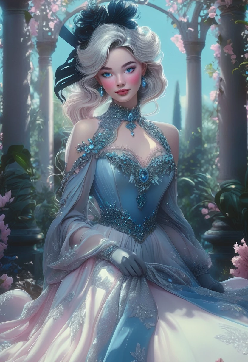 a beautiful princess in a lush garden, vibrant blue sky, detailed face and eyes, volumetric lighting, intricate details, photorealistic, high class fashion, masterpiece, professional digital art, cinematic color palette, using a palette of light pink, muted blue, dark grayish blue, bright blue, very dark gray, and light grayish blue