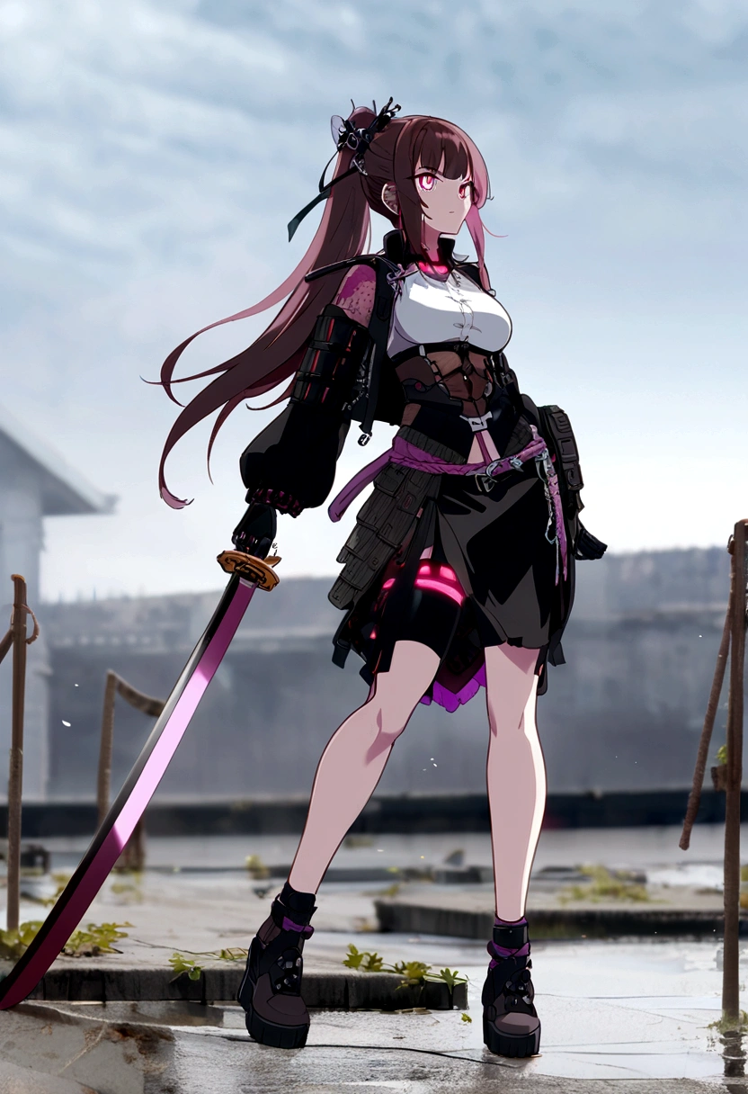 (Super meticulous),(full bodyesbian:1.2), 1girl, arafed woman in a black and pink dress holding a sword, anime girl cosplay, anime cosplay, very beautiful cyberpunk samurai, wearing japanese techwear, gothic maiden anime girl, with large sword, girls frontline style, female cyberpunk anime girl, cyberpunk anime girl, cyberpunk dress, female action anime girl, she is holding a katana sword, holding a sword on her shoulder, (Beautiful and delicate eyes),