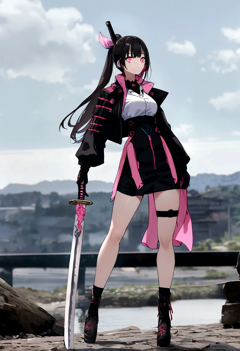 (Super meticulous),(full bodyesbian:1.2), 1girl, arafed woman in a black and pink dress holding a sword, anime girl cosplay, anime cosplay, very beautiful cyberpunk samurai, wearing japanese techwear, gothic maiden anime girl, with large sword, girls frontline style, female cyberpunk anime girl, cyberpunk anime girl, cyberpunk dress, female action anime girl, she is holding a katana sword, holding a sword on her shoulder, (Beautiful and delicate eyes),