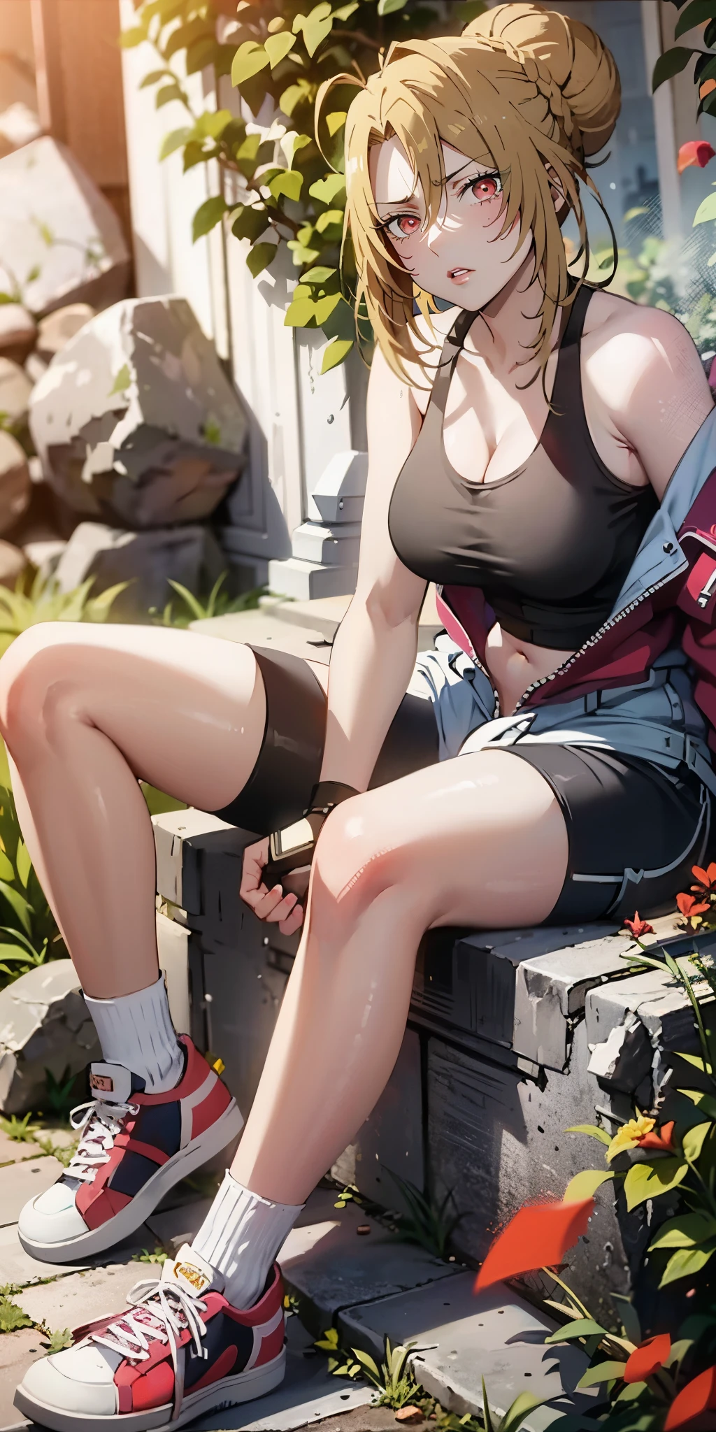 blonde hair, hair bun, braid, red eyes, anatomically correct, solo, shoes, rock, falling petals, tree, flower, reflective water, sweating, fog, muscular female, looking at viewer, sitting, sneakers, long_hair, bike_shorts, closed_eyes, socks, tank_top, realistic, shorts, black_shorts, tifa_lockhart, breasts, lips, nose, hollow eyes, red eyes, lips, cheek, expressionless, glaring eyes, upper teeth, "RAW candid cinema, 16mm, color graded portra 400 film, remarkable color, ultra realistic, textured skin, remarkable detailed pupils, realistic dull skin noise, visible skin detail, skin fuzz, dry skin, shot with cinematic camera"