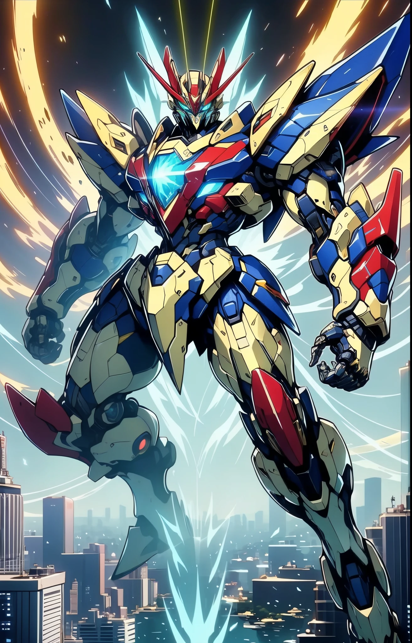 Humanoid Mecha, fully enclosed shoulder guards, matching arm and leg guards, full body, full armor, the design balances heavy with agility, (the color scheme is primarily white with red and blue accents, the concept Inspired by super robot, organic biotech armor, pose, standing, floating high above the futuristic sci-fi city), exquisite and mature art style, (aura effect, energy, glowing eyes, the armor glows), ((RRS)), metallic, dynamic, dramatic, high definition, best quality, highres, ultra-detailed, ultra-fine painting, extremely delicate, professional, perfect body proportions, anatomically correct, symmetrical face, extremely detailed eyes and face, high quality eyes, creativity, RAW photo, UHD, 32k, Natural light, cinematic lighting, masterpiece-anatomy-perfect, masterpiece:1.5