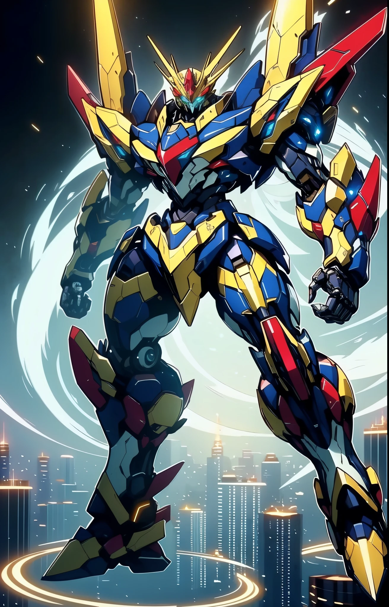 Humanoid Mecha, fully enclosed shoulder guards, matching arm and leg guards, full body, full armor, the design balances heavy with agility, (the color scheme is primarily white with red and blue accents, the concept Inspired by super robot, organic biotech armor, pose, standing, floating high above the futuristic sci-fi city), exquisite and mature art style, (aura effect, energy, glowing eyes, the armor glows), ((RRS)), metallic, dynamic, dramatic, high definition, best quality, highres, ultra-detailed, ultra-fine painting, extremely delicate, professional, perfect body proportions, anatomically correct, symmetrical face, extremely detailed eyes and face, high quality eyes, creativity, RAW photo, UHD, 32k, Natural light, cinematic lighting, masterpiece-anatomy-perfect, masterpiece:1.5