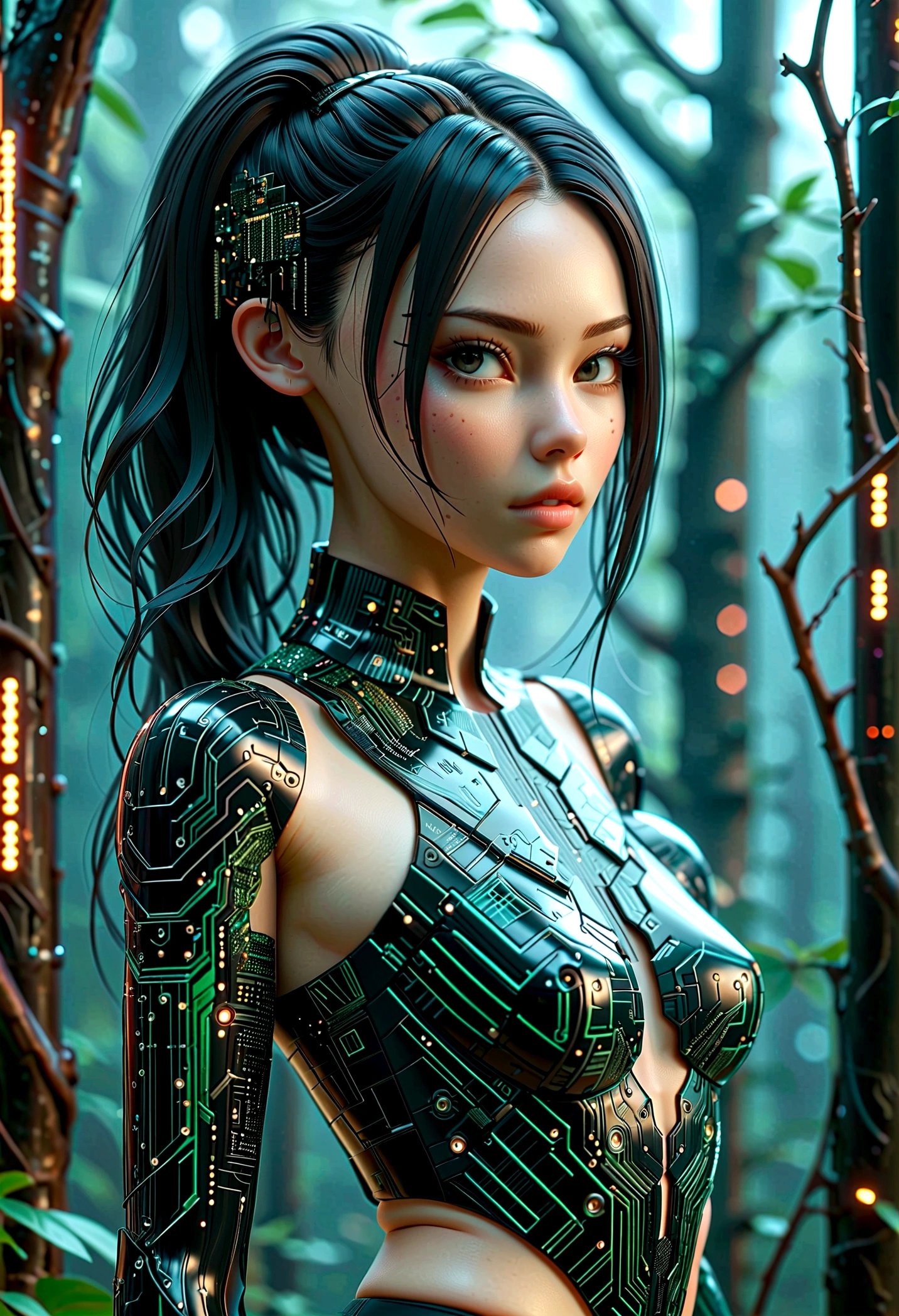 beautiful Cybernetics girl, hair over one eye, Hair accessories, (Delicate skin), Pale skin, black crop top made of circuit boards, Futuristic pants, on branch, v, Japanese words with glitter effect, cyberpunk background,Sensual, is attractive, (masterpiece:1.3), (best quality:1.3), (ultra detailed:1.3), 8k, extremely clear