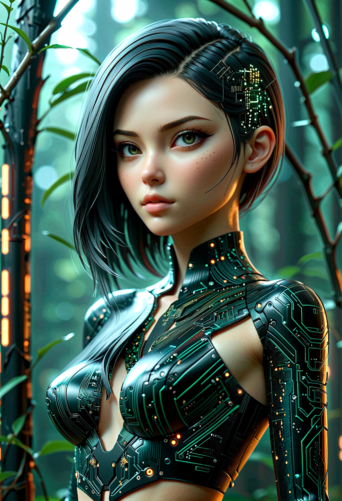 beautiful Cybernetics girl, hair over one eye, Hair accessories, (Delicate skin), Pale skin, black crop top made of circuit boards, Futuristic pants, on branch, v, Japanese words with glitter effect, cyberpunk background,Sensual, is attractive, (masterpiece:1.3), (best quality:1.3), (ultra detailed:1.3), 8k, extremely clear