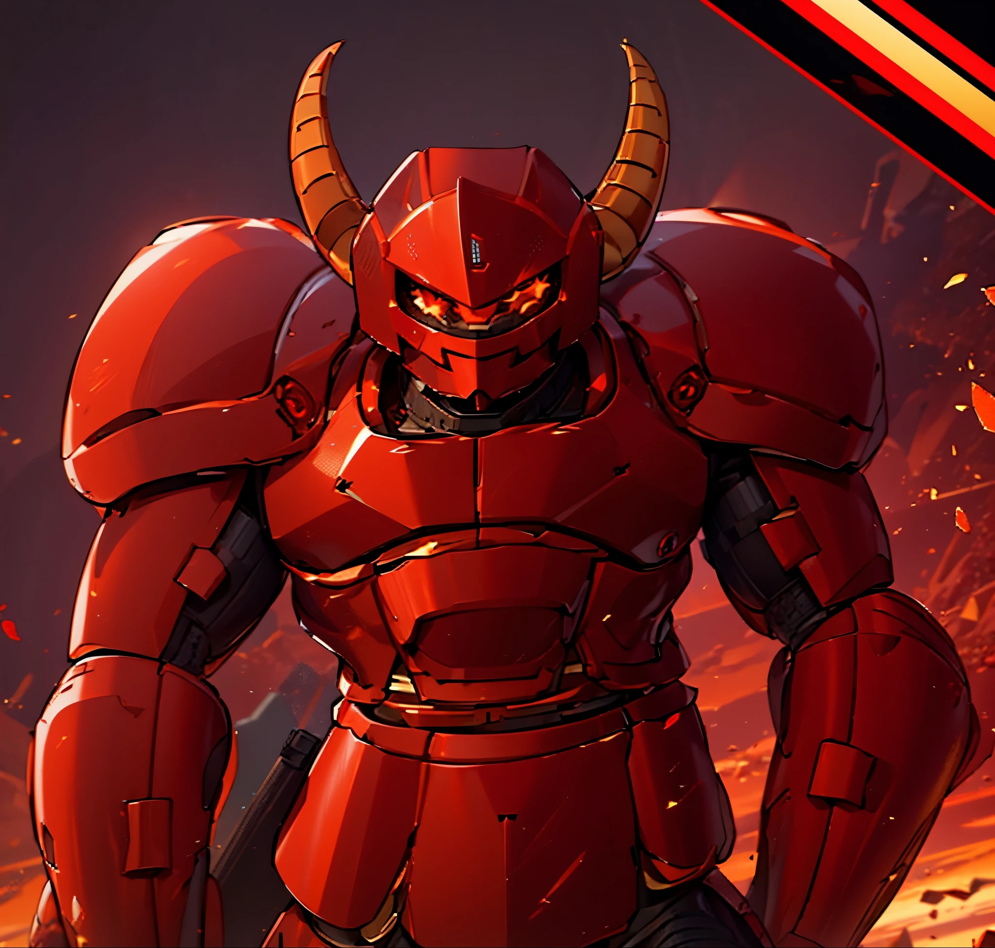 Robot, red mono eye, red body, high quality, golden horns on head, heavily armored,Robot, red mono eye, red body, high quality, golden horns on head, heavily armored, reddish-black shoulders, arm armor is an austere shade, sunset background,