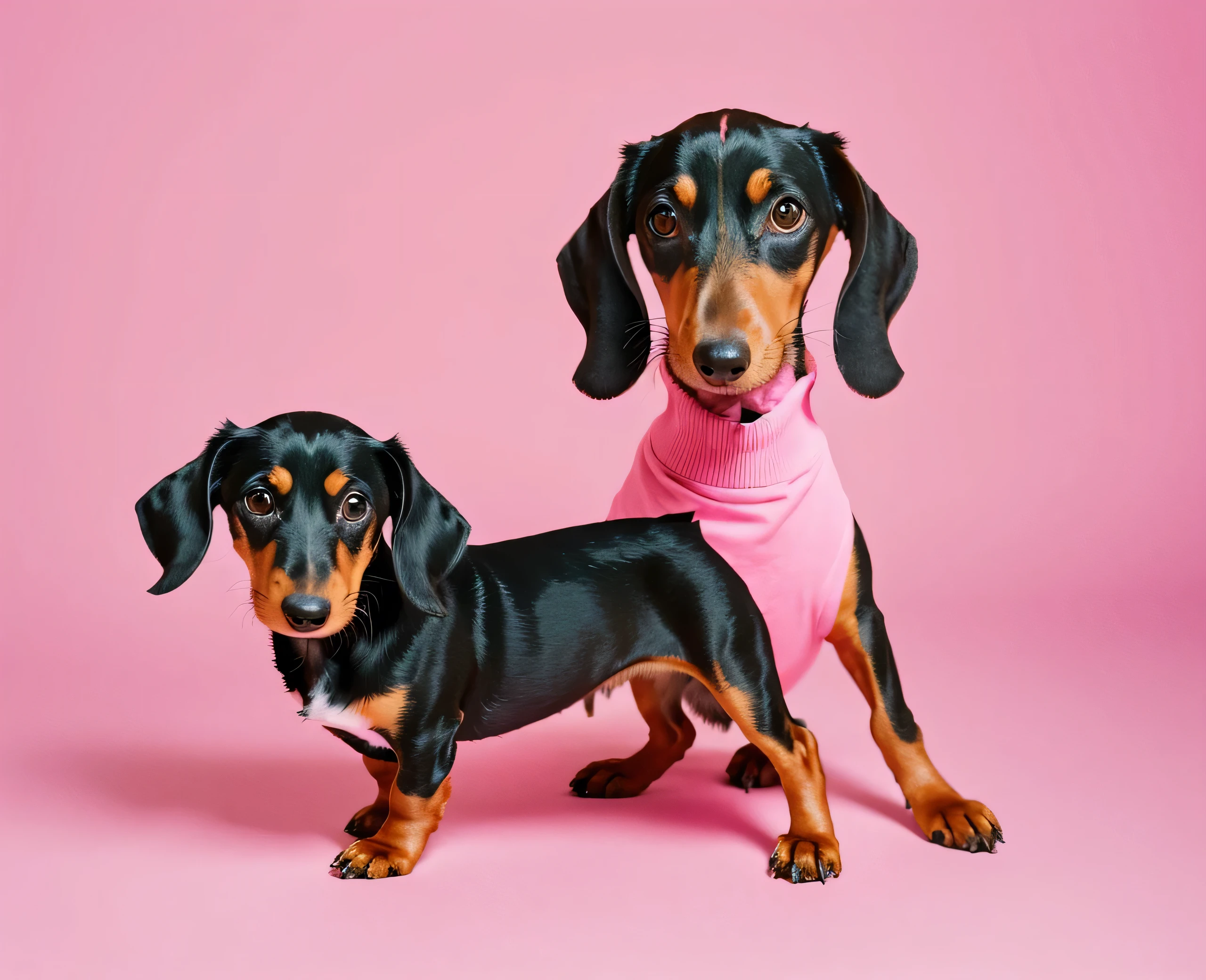 Dachshund sitting on a solid pastel pink background with space above for text