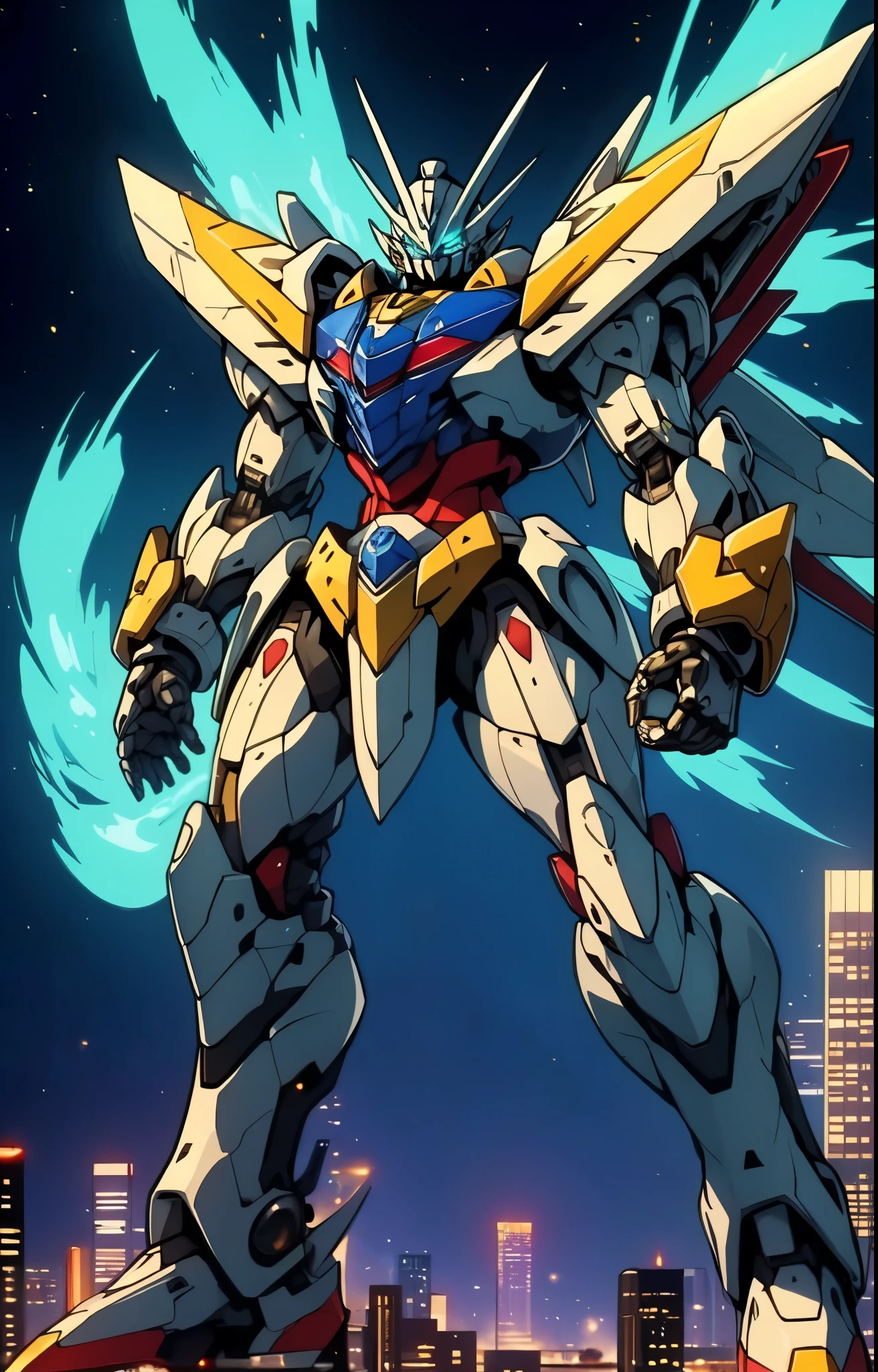 Humanoid Mecha, fully enclosed shoulder guards, matching arm and leg guards, full body, full armor, the design balances heavy with agility, (the color scheme is primarily white with red and blue accents, the concept Inspired by super robot, organic biotech armor, pose, standing, floating high above the futuristic sci-fi city), exquisite and mature art style, (aura effect, energy, glowing eyes, the armor glows), ((RRS)), metallic, dynamic, dramatic, high definition, best quality, highres, ultra-detailed, ultra-fine painting, extremely delicate, professional, perfect body proportions, anatomically correct, symmetrical face, extremely detailed eyes and face, high quality eyes, creativity, RAW photo, UHD, 32k, Natural light, cinematic lighting, masterpiece-anatomy-perfect, masterpiece:1.5