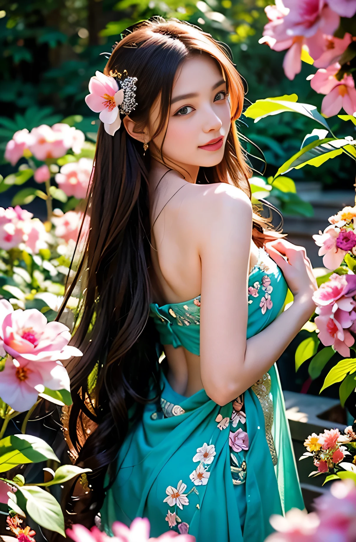 high quality, 8K Ultra HD, full color, etching aquatint, fine lines and shadows, In the heart of Floral Fantasy Wonderland, behold a captivating and ethereal spirit of a beautiful maiden, gracefully adorned with the essence of blooming flowers. Her golden long flowing hair, like silken threads of golden, cascades gracefully down her back, interwoven with delicate floral accents that mirror the surrounding blooms. Her eyes, the color of the deepest forest emeralds, sparkle with a hint of magic and mystery, reflecting the beauty of the floral symphony that surrounds her. In her hand, she holds a delicate bouquet of the most exquisite flowers, their vibrant colors mirroring her own radiant aura. With the clarity and detail of 8K Ultra HD images, every petal, every hue, and every expression of her otherworldly charm come to life in vivid splendor,