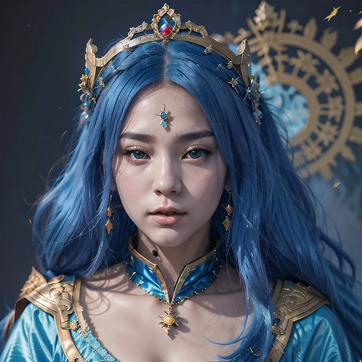 18 years old with blue hair wearing a gold crown and a blue wig, fantasy art style, ((a beautiful fantasy empress)), a beautiful fantasy empress, artwork in the style of Girl, azure. detailed hair, 18 years old, palace ， a girl in hanfu, beautiful celestial mage, anime girl with cosmic hair