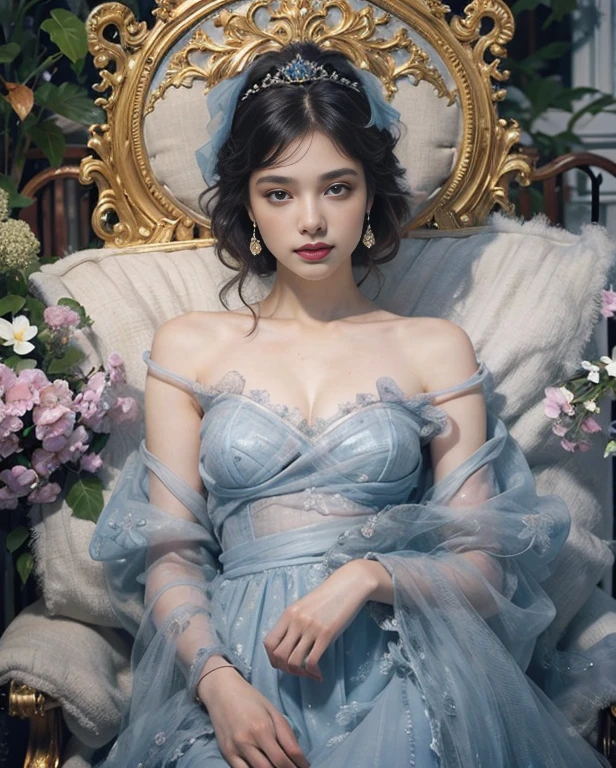 a beautiful princess in a lush garden, vibrant blue sky, detailed face and eyes, volumetric lighting, intricate details, photorealistic, high class fashion, masterpiece, professional digital art, cinematic color palette, using a palette of light pink, muted blue, dark grayish blue, bright blue, very dark gray, and light grayish blue