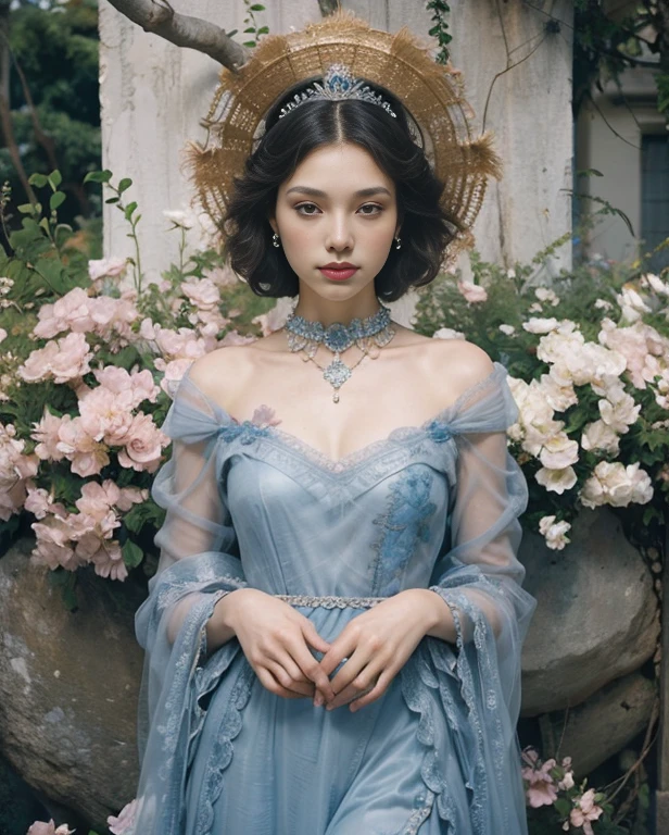 a beautiful princess in a lush garden, vibrant blue sky, detailed face and eyes, volumetric lighting, intricate details, photorealistic, high class fashion, masterpiece, professional digital art, cinematic color palette, using a palette of light pink, muted blue, dark grayish blue, bright blue, very dark gray, and light grayish blue