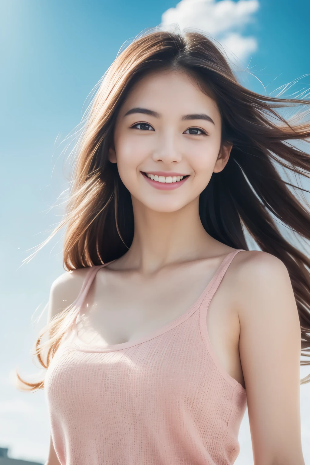 (8k, Best Quality, Masterpiece:1.2), (Realistic, Photorealistic:1.37), Ultra Detail, 1 Girl,Cute,Solo,Beautiful Detailed Sky,Date,(Blush),(Smile:1.15),(Closed Mouth)Small Breasts,Beautiful Detailed Eyes,(Long Hair: 1.2),Floating Hair NovaFrogStyle, Upper Body, Tank Top