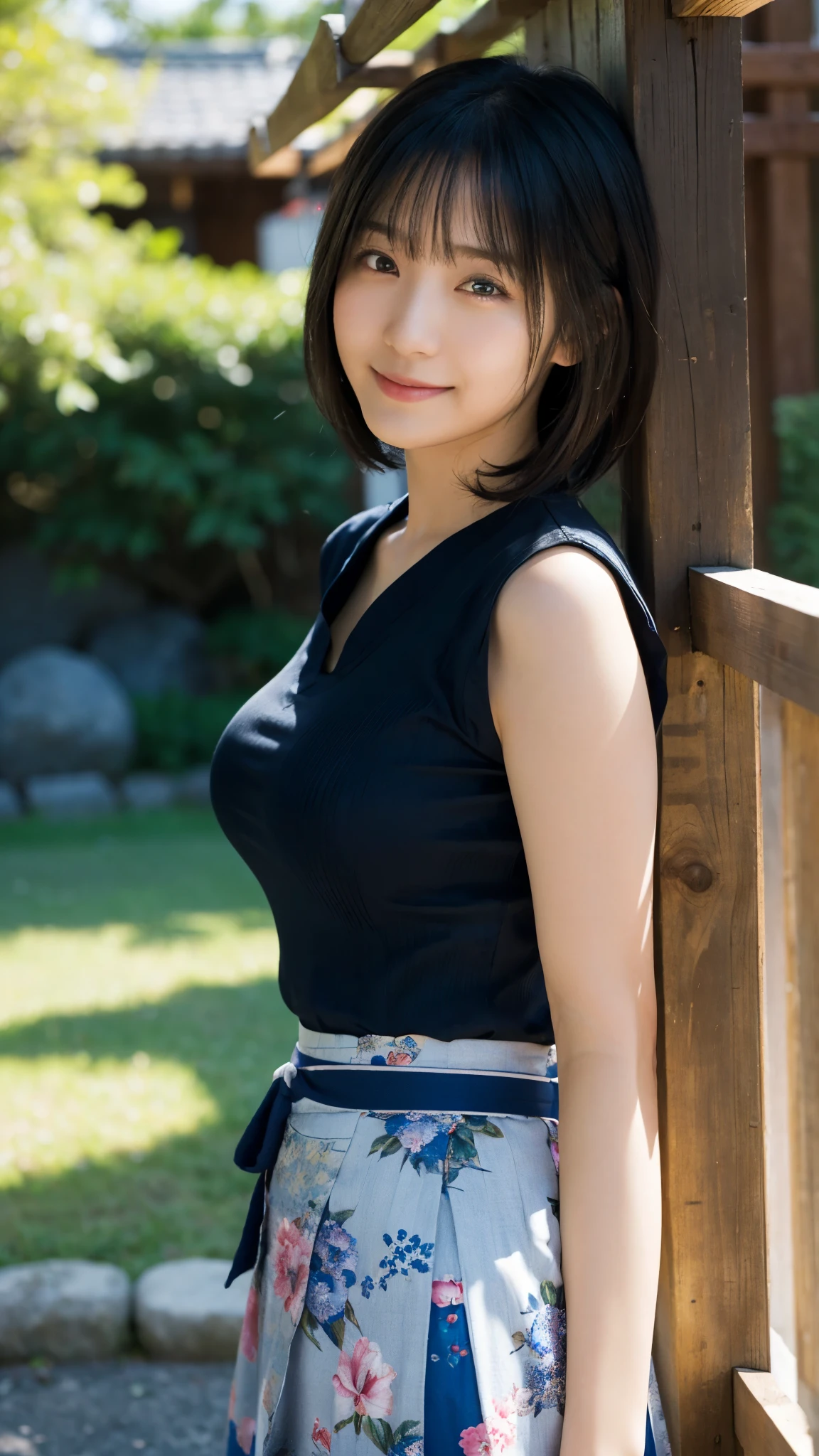 (highest quality,masterpiece:1.3,Ultra-high resolution),(Super detailed,Caustics,8k), (Photorealistic:1.4, RAW shooting),sun,blue sky,Japanese garden,Japanese,20-year-old,smile,Black Hair Middle Hair,Blue short sleeve top,Big Breasts,Long skirt,Waist up shot,(Low position:1.1),(Low - Angle:1.1),Natural light