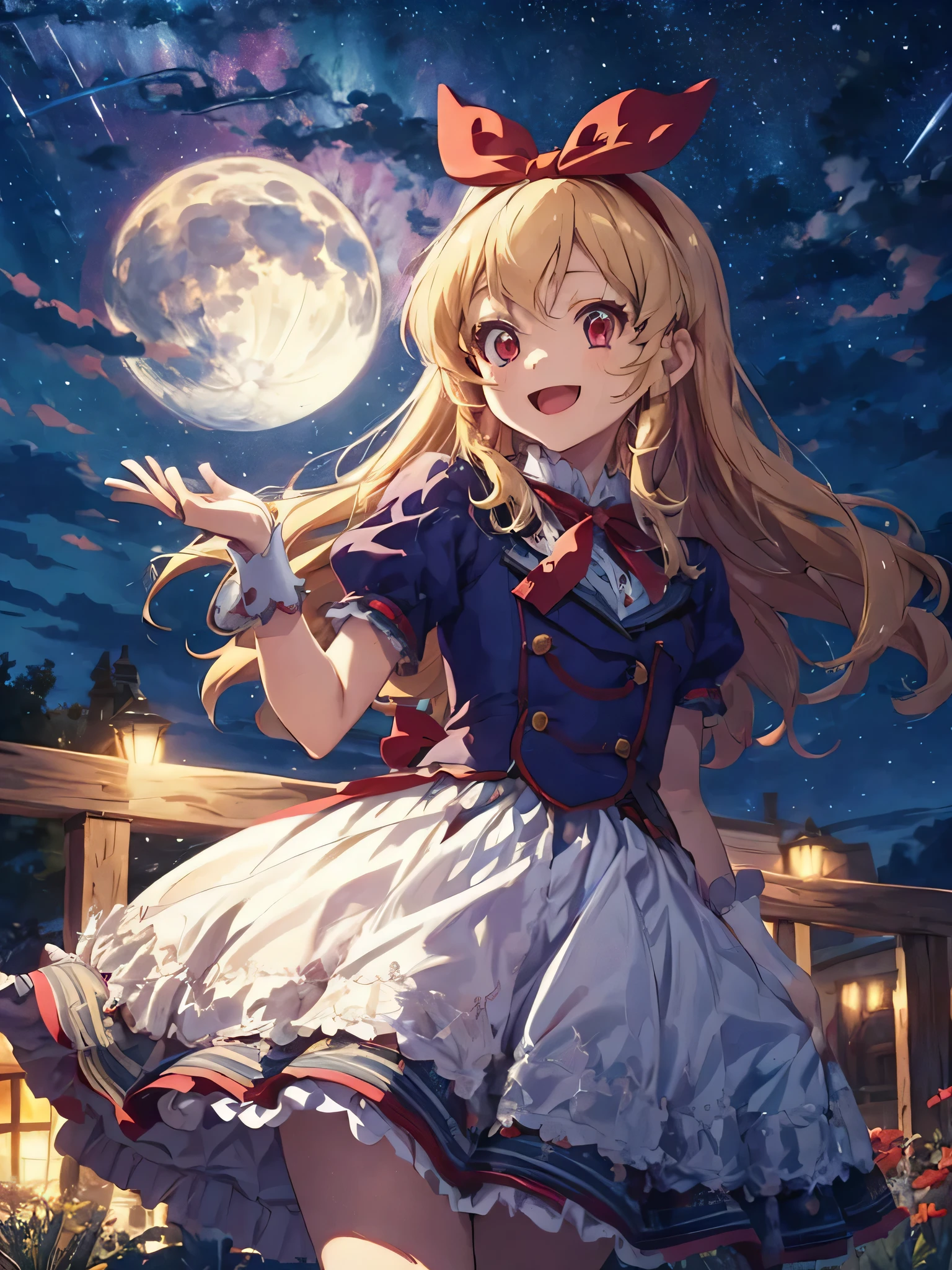 COWBOY Shot,Masterpiece,ultimate,A girl wearing a dress with an aurora pattern, red ribbon on her head, blonde, cute, aurora in the sky, night, the end of the world, looking up at the sky,(from below),Ultra smile,:D