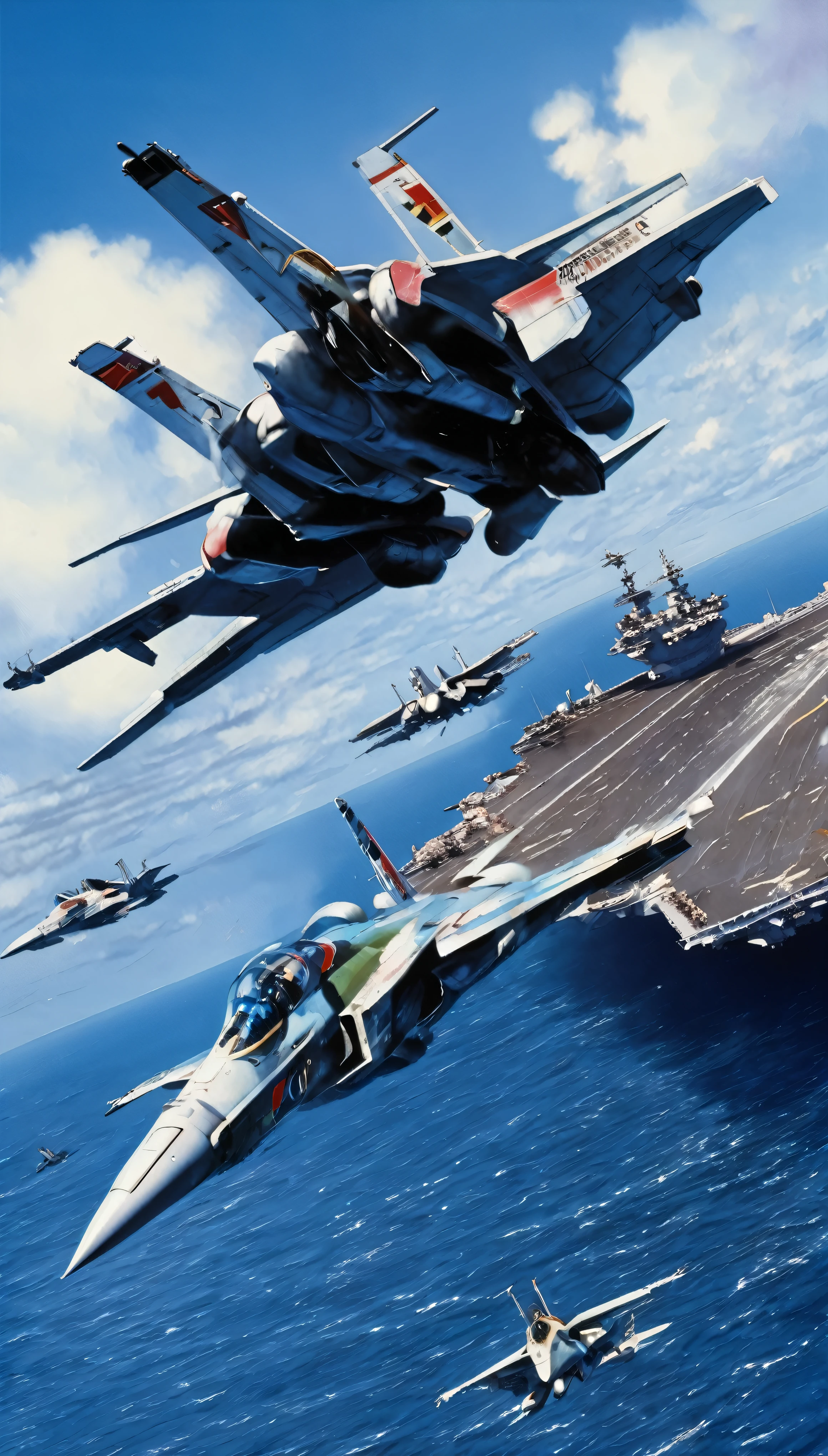 A scene from a movie，Scene from Macross F where the Macross VF-01 takes off from an aircraft carrier moving freely through the air，with high definition images，リアルなwith high definition images，