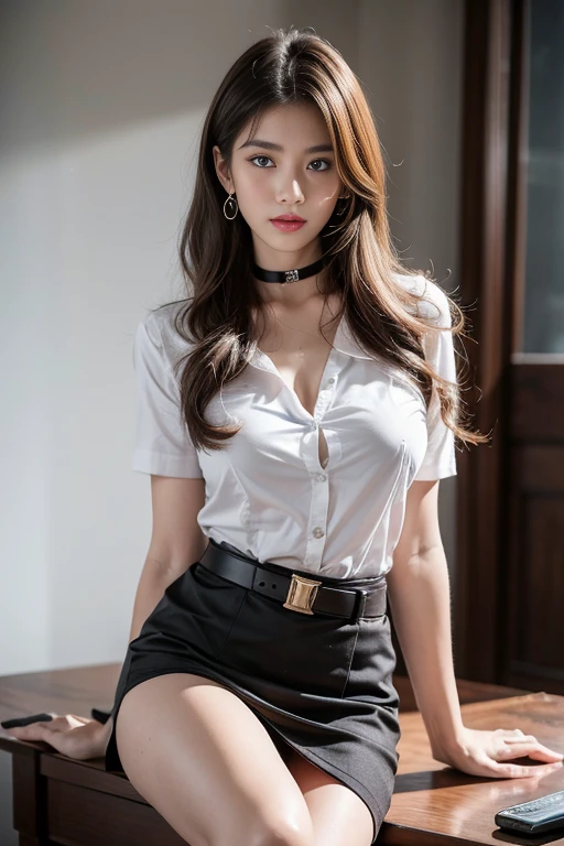 (Masterpiece, best quality, alone, รายละเอียดที่complex, Chromatic aberration), realistic, full body image,((Moderate breath)), hair on one eye,purple eyes, earring, sharp eyes, choker, (symmetrical eyes),(Perfect symmetrical body),Photo of a beautiful 22 year old girl, Beautiful and charming with contemporary fashion paintings as well...., looking at the audience, ((in the classroom background)), (1 Teen Girl),(black short skirt), (White short-sleeved, form-fitting shirt., Unbuttoning reveals.), ((Short black pencil skirt with side slits.)), belt, stilettos,((Put your hands down.)),Copper blonde hair, Bob, round chin, Art lens 85mm, Sharp focus, High resolution 8K, Crazy details, complex, elegant,sitting on the study table Lift one leg to eye level., legs slightly apart.,big breasts,big breasts, dynamic gesture, big breasts

