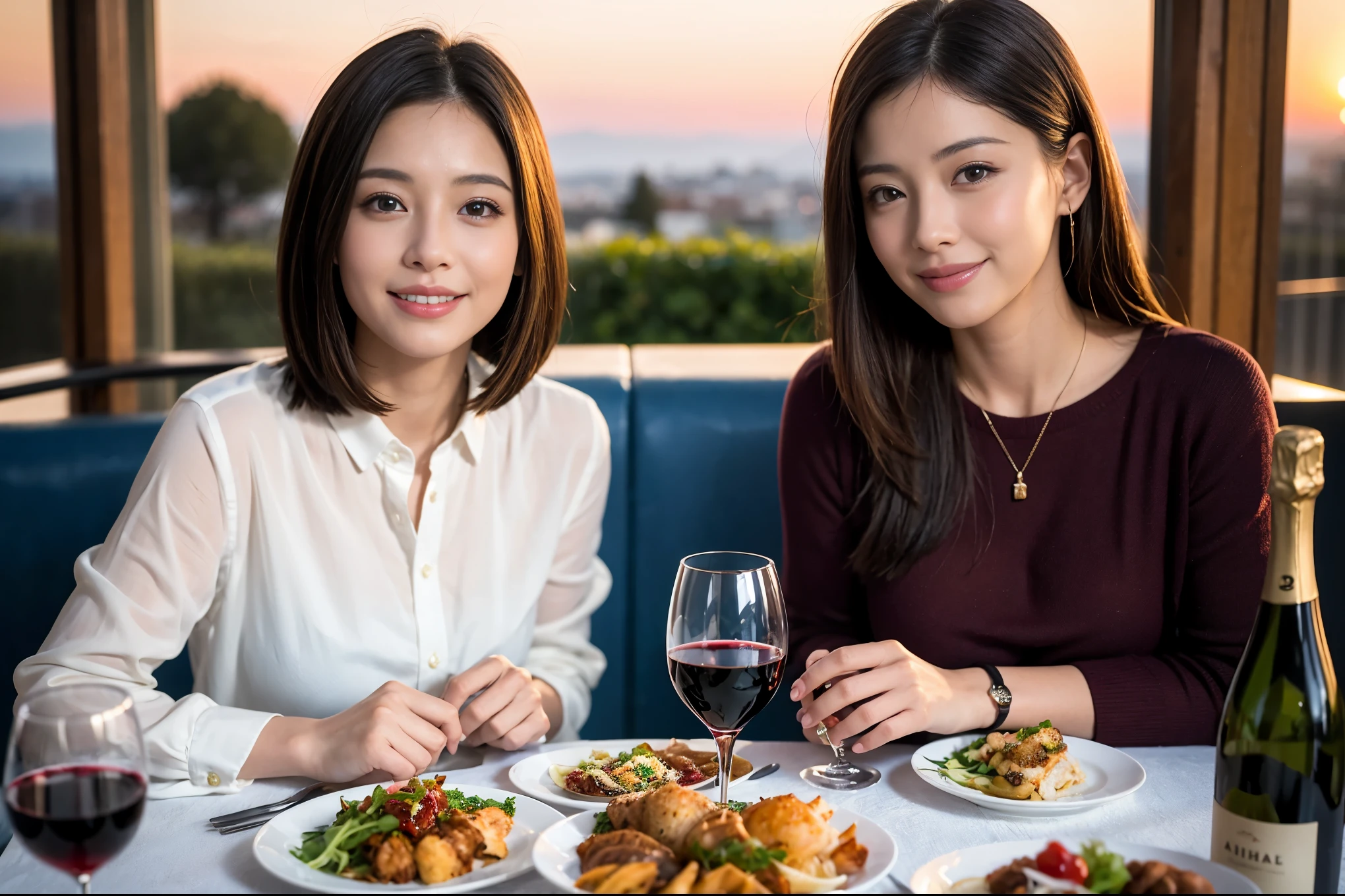 ((highest quality、8k、masterpiece:1.3))、1 male 1 female、A lover who resembles Satomi Ishihara、Beautiful couple、smile、full-course dinner、 (Slim face), (the body is スリム), (Brown Hair), (Shortcuts), ((Bob Hale、Straight hair:1.2)), テーブルの上のwine glass、Please shine a light on my face、 Amazing view of the sunset sky and clouds、 (Age 37), 39 years old, red wine 、Appetizers、Italian food、Wine bottle、Champagne、sparkling wine、Long sleeve shirt、dress、Attractive beauty、restaurant, Nova Frog Style, actress, model, Upper Body, White wine, red wine, wine glass,