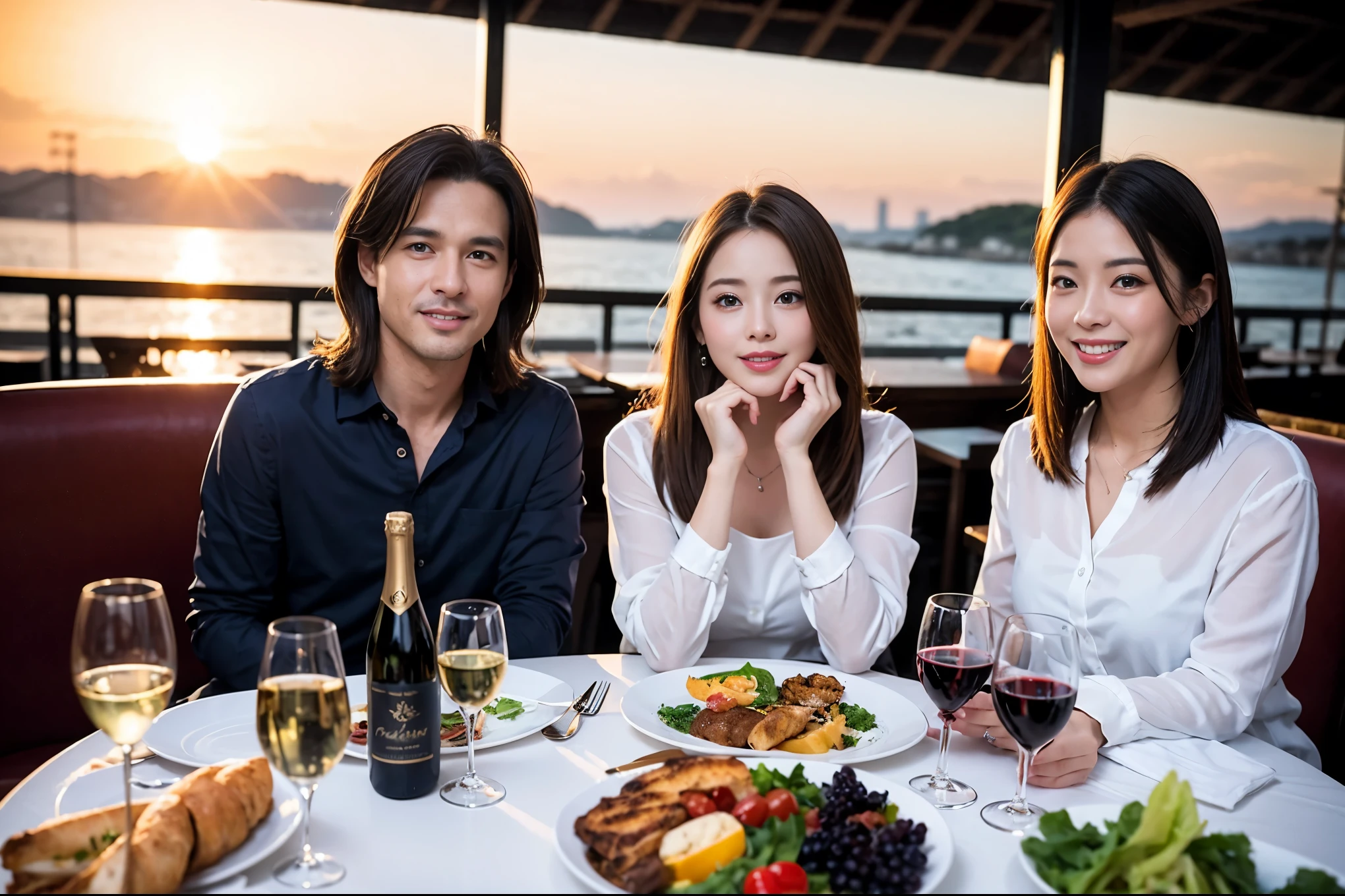 ((highest quality、8k、masterpiece:1.3))、1 male 1 female、A lover who resembles Satomi Ishihara、Beautiful couple、smile、full-course dinner、 (Slim face), (the body is スリム), (Brown Hair), (Shortcuts), ((Bob Hale、Straight hair:1.2)), テーブルの上のwine glass、Please shine a light on my face、 Amazing view of the sunset sky and clouds、 (Age 37), 39 years old, red wine 、Appetizers、Italian food、Wine bottle、Champagne、sparkling wine、Long sleeve shirt、dress、Attractive beauty、restaurant, Nova Frog Style, actress, model, Upper Body, White wine, red wine, wine glass,