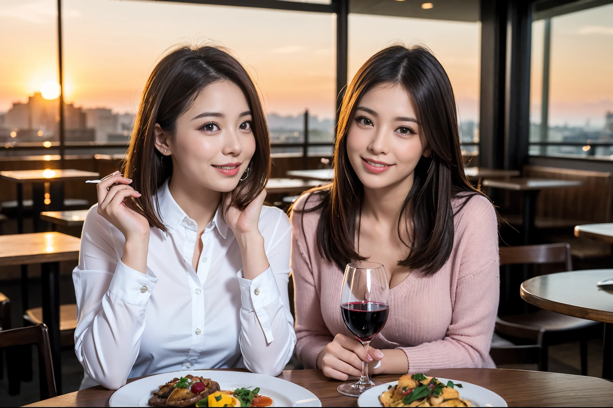 ((highest quality、8k、masterpiece:1.3))、1 male 1 female、A lover who resembles Satomi Ishihara、Beautiful couple、smile、full-course dinner、 (Slim face), (the body is スリム), (Brown Hair), (Shortcuts), ((Bob Hale、Straight hair:1.2)), テーブルの上のwine glass、Please shine a light on my face、 Amazing view of the sunset sky and clouds、 (Age 37), 39 years old, red wine 、Appetizers、Italian food、Wine bottle、Champagne、sparkling wine、Long sleeve shirt、dress、Attractive beauty、restaurant, Nova Frog Style, actress, model, Upper Body, White wine, red wine, wine glass, 