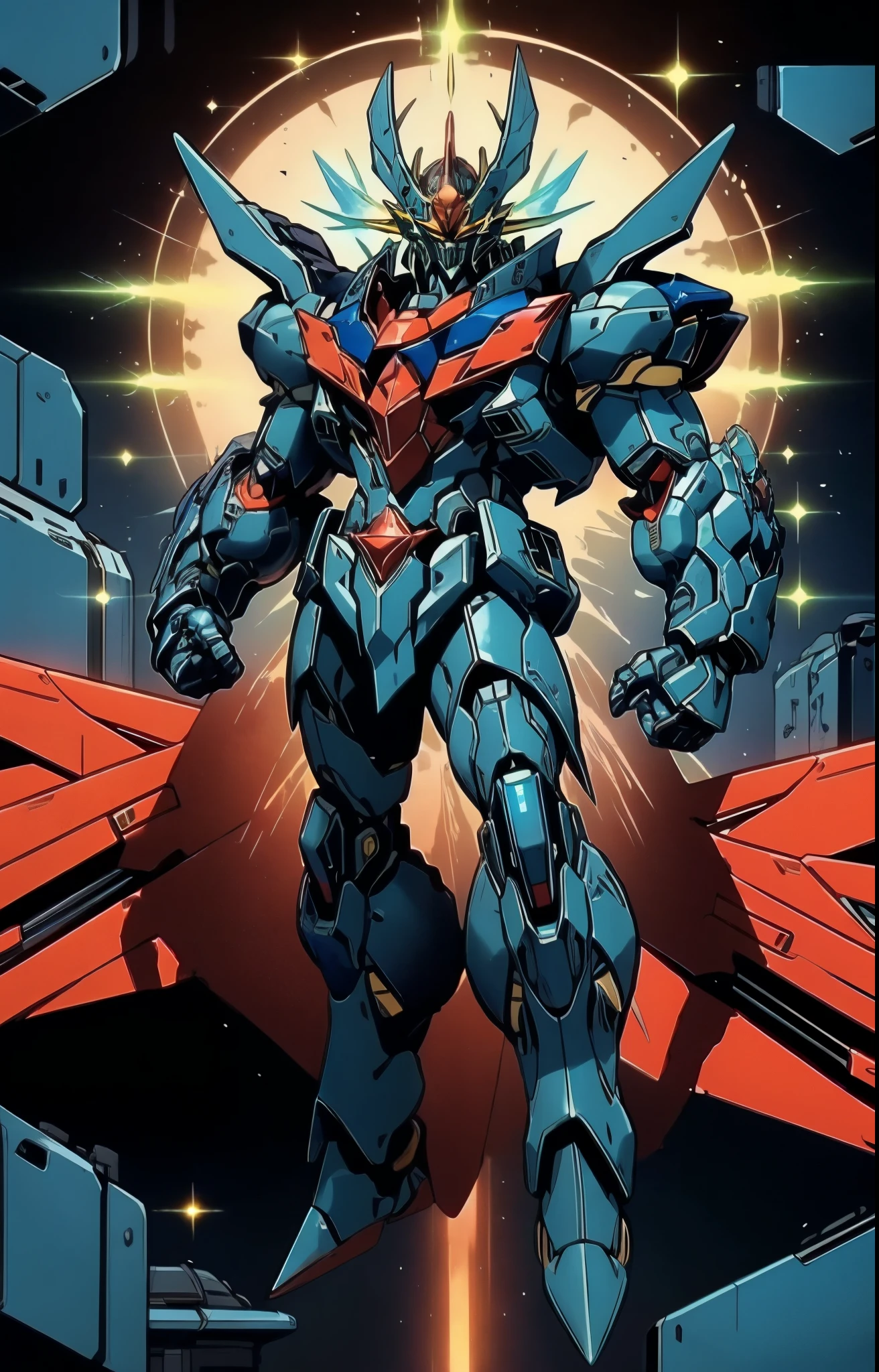 Humanoid Mecha, fully enclosed shoulder guards, matching arm and leg guards, full body, full armor, the design balances heavy with agility, (the color scheme is primarily white with red and blue accents, the concept Inspired by Mazinger Z, organic biotech armor, pose, standing, floating high above the futuristic sci-fi city), exquisite and mature art style, (aura effect, energy, glowing eyes, the armor glows), ((SRS)), metallic, dynamic, dramatic, high definition, best quality, highres, ultra-detailed, ultra-fine painting, extremely delicate, professional, perfect body proportions, anatomically correct, symmetrical face, extremely detailed eyes and face, high quality eyes, creativity, RAW photo, UHD, 32k, Natural light, cinematic lighting, masterpiece-anatomy-perfect, masterpiece:1.5