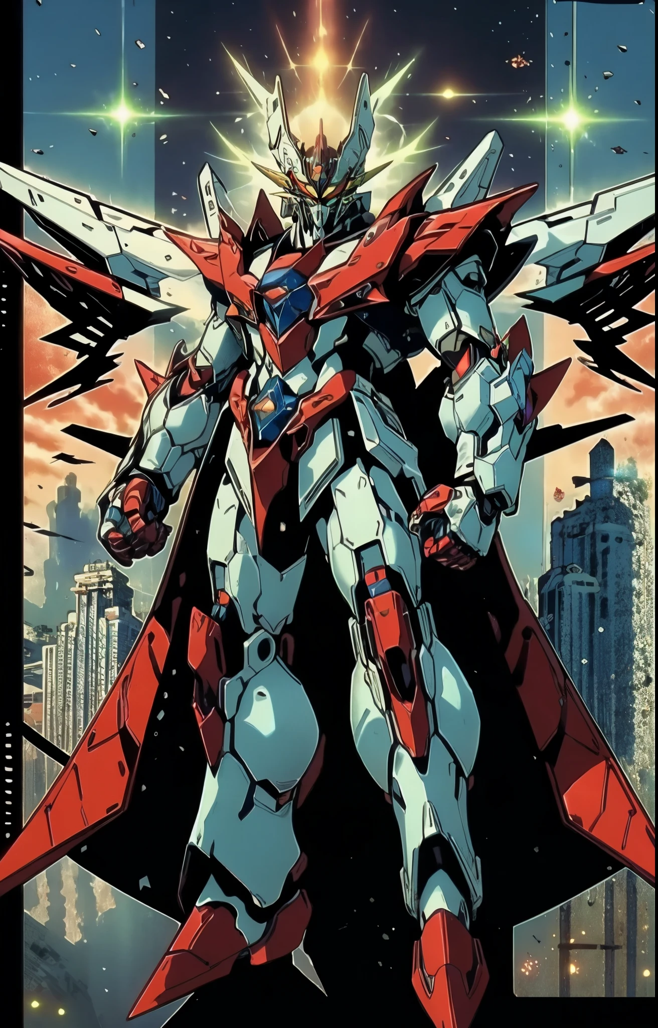 Humanoid Mecha, fully enclosed shoulder guards, matching arm and leg guards, full body, full armor, the design balances heavy with agility, (the color scheme is primarily white with red and blue accents, the concept Inspired by Mazinger Z, organic biotech armor, pose, standing, floating high above the futuristic sci-fi city), exquisite and mature art style, (aura effect, energy, glowing eyes, the armor glows), ((SRS)), metallic, dynamic, dramatic, high definition, best quality, highres, ultra-detailed, ultra-fine painting, extremely delicate, professional, perfect body proportions, anatomically correct, symmetrical face, extremely detailed eyes and face, high quality eyes, creativity, RAW photo, UHD, 32k, Natural light, cinematic lighting, masterpiece-anatomy-perfect, masterpiece:1.5