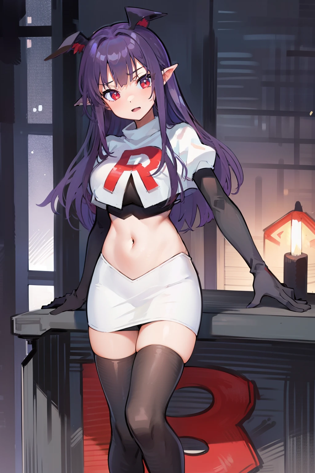masterpiece, hd, 1girl, mythia, purple long hair, bat ears, red eye, team rocket,team rocket uniform,white skirt,red letter R,crop top,black thigh-highs,black elbow gloves