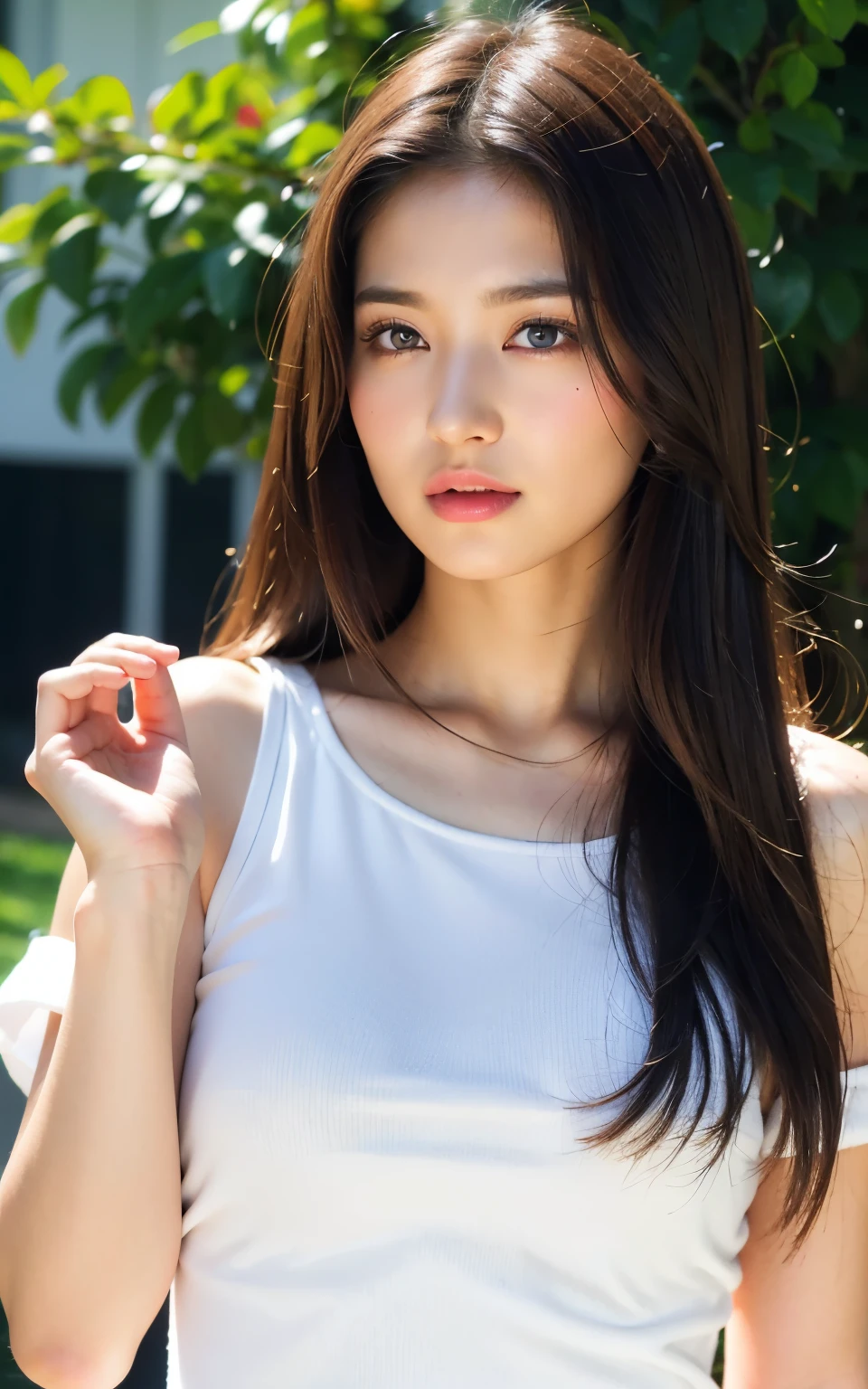 (Raw photo, Best Quality), (Realistic, Photorealsitic:1.3), masutepiece, Extremely delicate and beautiful, Soft light, (Brown hair, Shoulder-length straight hair swaying in the wind), Beautiful detailed girl, (Detailed fingers), extremely detailed eye and face, beautiful detailed nose, Beautiful detailed eyes, 1 girl, Japanese, Neat and clean beauty, Cute, young, dress shirts, Pants, (Half body:1.3), (medium breasts), Realistic face, Realistic body,