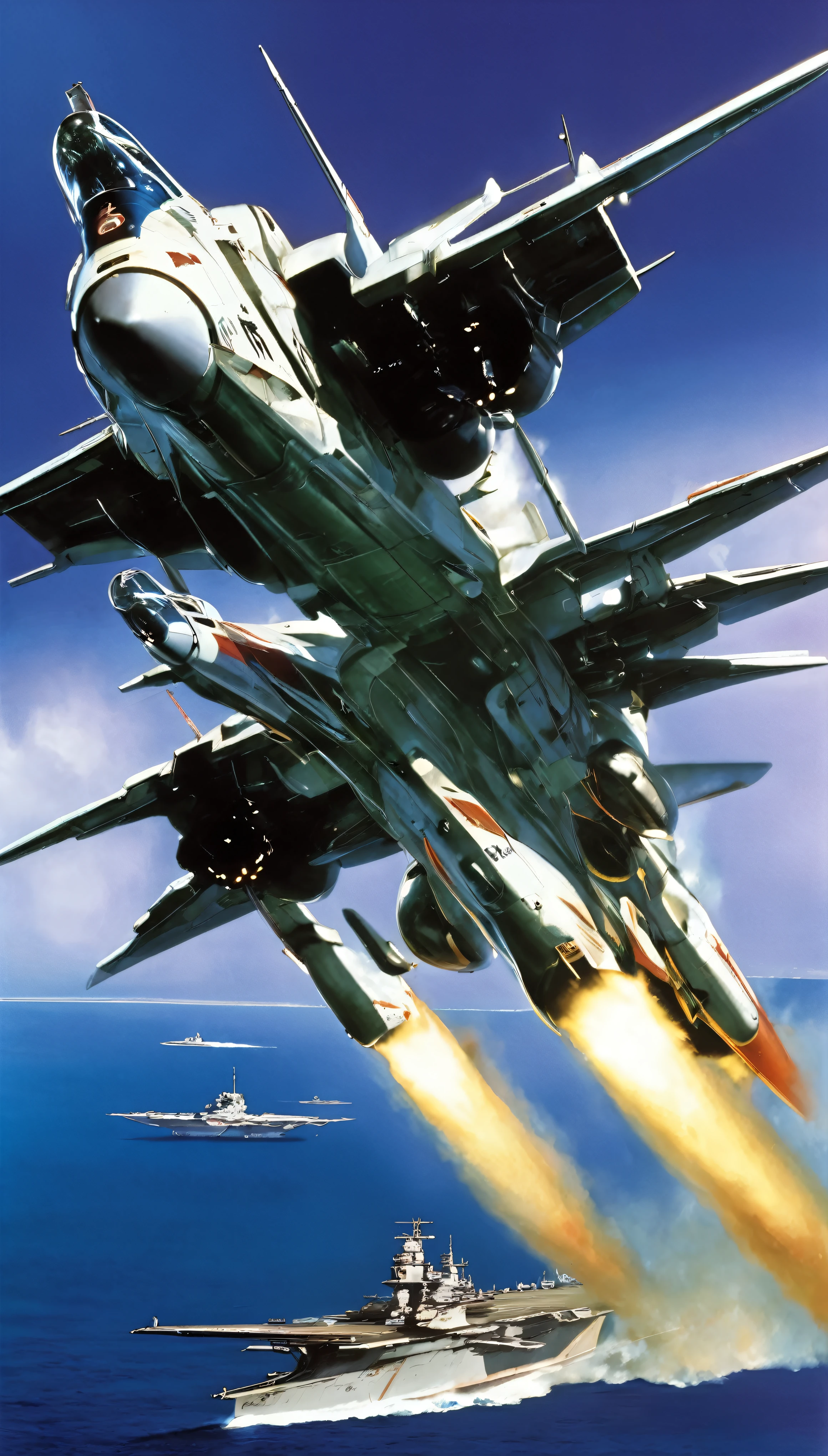 A scene from a movie，Scene from Macross F where the Macross VF-01 takes off from an aircraft carrier moving freely through the air，with high definition images，リアルなwith high definition images，