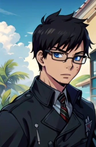 masterpiece, best quality, wallpaper, 1boy, solo, male focus, looking at viewer, upper body, depth of field, yukio_okumura, black hair, blue eyes, glasses, robot costume, A tropical paradise where the sun shines brightly every day,