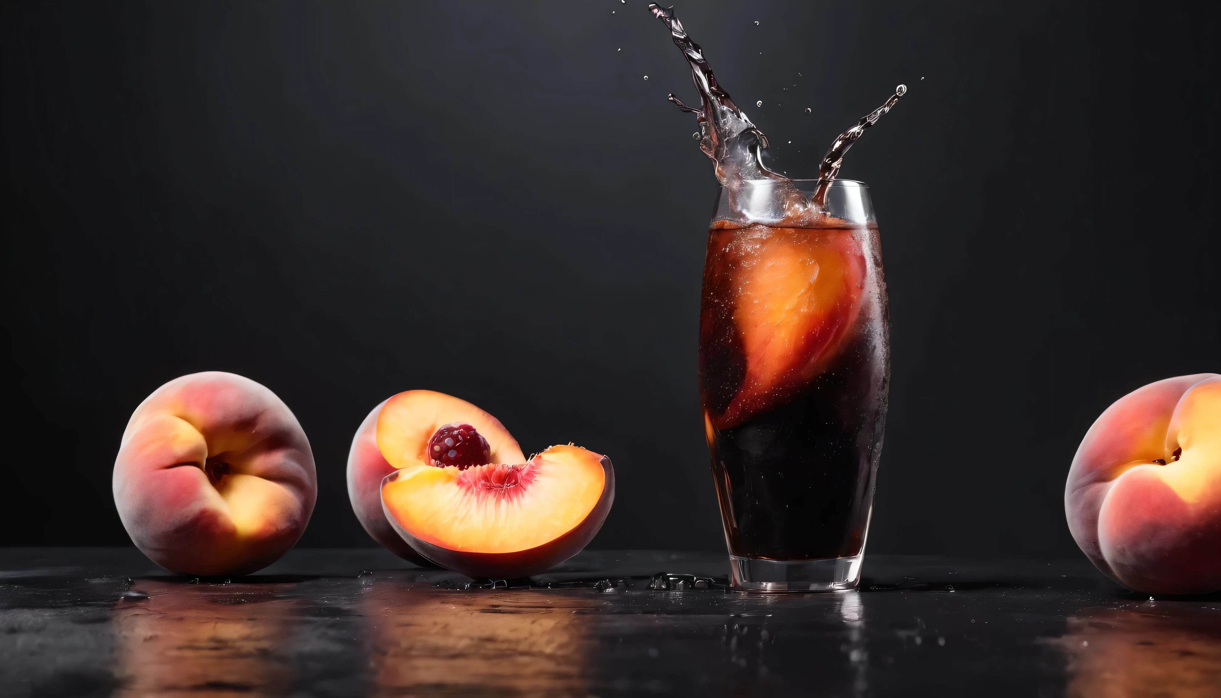 A glass of black cola with ice,  ((Peach juice splash)),   (((There are lots of peaches outside the glass.))),    Pink peaches are bursting, (Black cola splashes violently:1.5),  Black background
