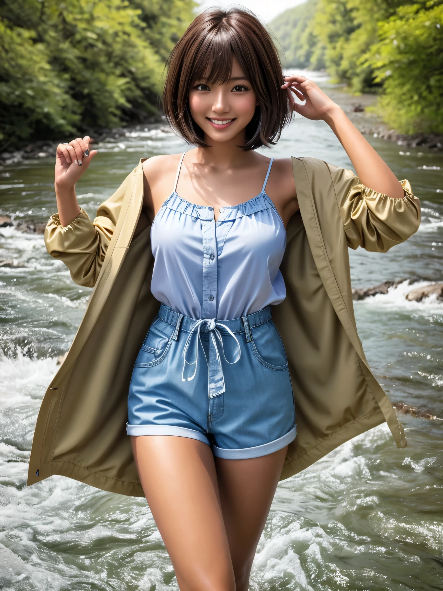 product quality, 1 girl, a cowboy shot, front view, a Japanese young pretty girl, bob hair, glamorous figure, wearing a parka over a satin yellow camisole, wearing short pants, standing in a river with a big smile, hyper cute face, glossy lips, double eyelids for both eyes, natural makeup, shiny smooth light brown bob hair, asymmetrical bangs, tanned skin, central image, high resolution, high detailing, detailed hairstyle, detailed face, cinematic lighting, octane rendering, vibrant, hyper realisitic, perfect limbs, perfect anatomy