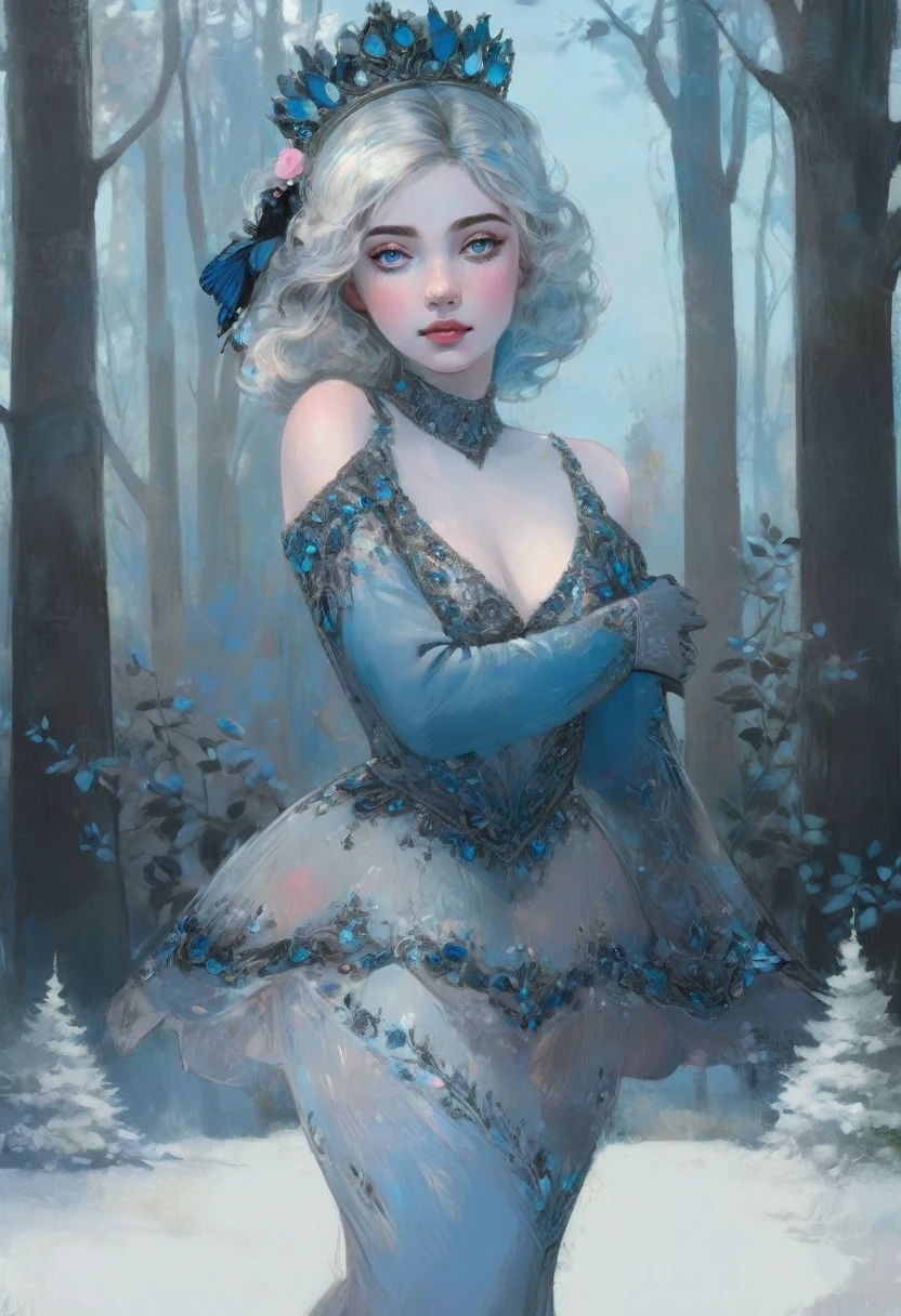 a beautiful princess in a lush garden, vibrant blue sky, detailed face and eyes, volumetric lighting, intricate details, photorealistic, high class fashion, masterpiece, professional digital art, cinematic color palette, using a palette of light pink, muted blue, dark grayish blue, bright blue, very dark gray, and light grayish blue