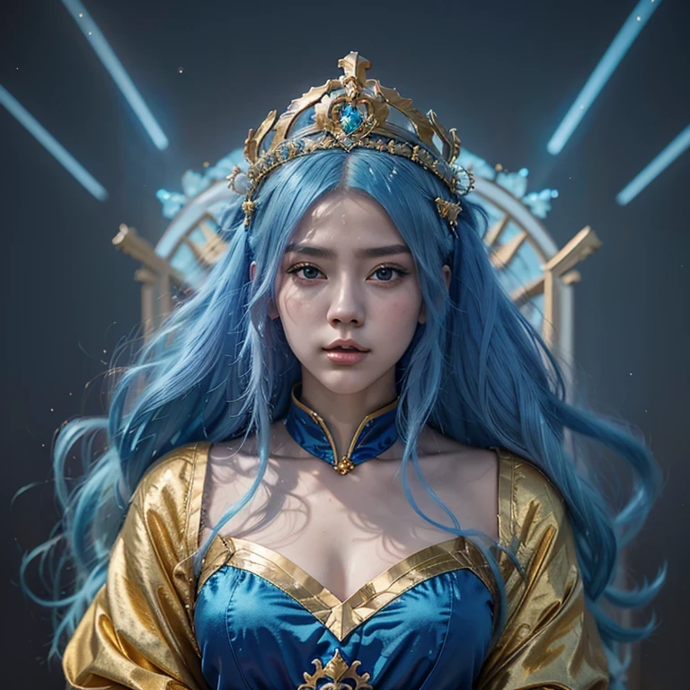 18 years old with blue hair wearing a gold crown and a blue wig, fantasy art style, ((a beautiful fantasy empress)), a beautiful fantasy empress, artwork in the style of Girl, azure. detailed hair, 18 years old, palace ， a girl in hanfu, beautiful celestial mage, anime girl with cosmic hair