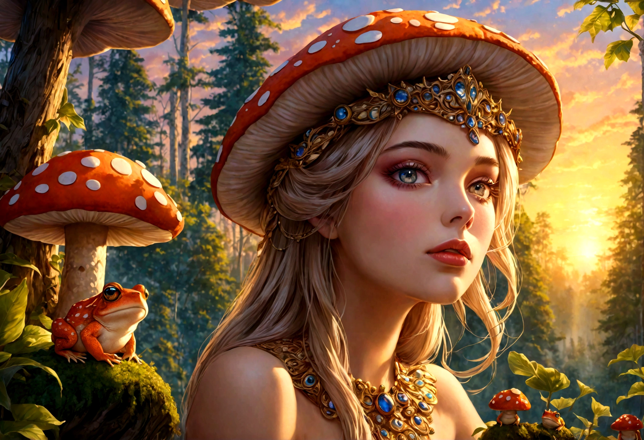 a lovely woman,toad queen,holding court on large bright toadstool,forest animals seek her wisdom,1girl,detailed eyes,detailed lips,longeyelashes,ethereal,magical realism,fantasy,whimsical,vibrant colors,dramatic lighting,golden hour,intricate details,highly detailed,photorealistic,8k,best quality