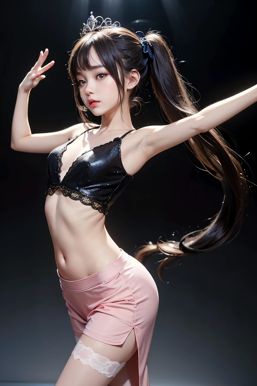1 ,twintails,brunette color hair,cat，By bangs,Lace long dress,Blue bow,13-year-old female model,princess,crown,The chest is completely flat,Are thin,Korean beautiful girl dancer,Girl group trainees about to debut,The belly button and the surrounding area are exposed,Super beautiful girl,Very small hips,flat ass,Small waist,Real photo detail quality,Beautiful nipples,Hip Hop Dance,Casual practice wear,Pale pink outfit,Thin string costume,Thin cotton clothing,A beautiful, thoughtful face with a hint of sadness, hip-hop dancer member,Small Ass,Small waist,Small pelvis,Thin thighs,Small buttocks,